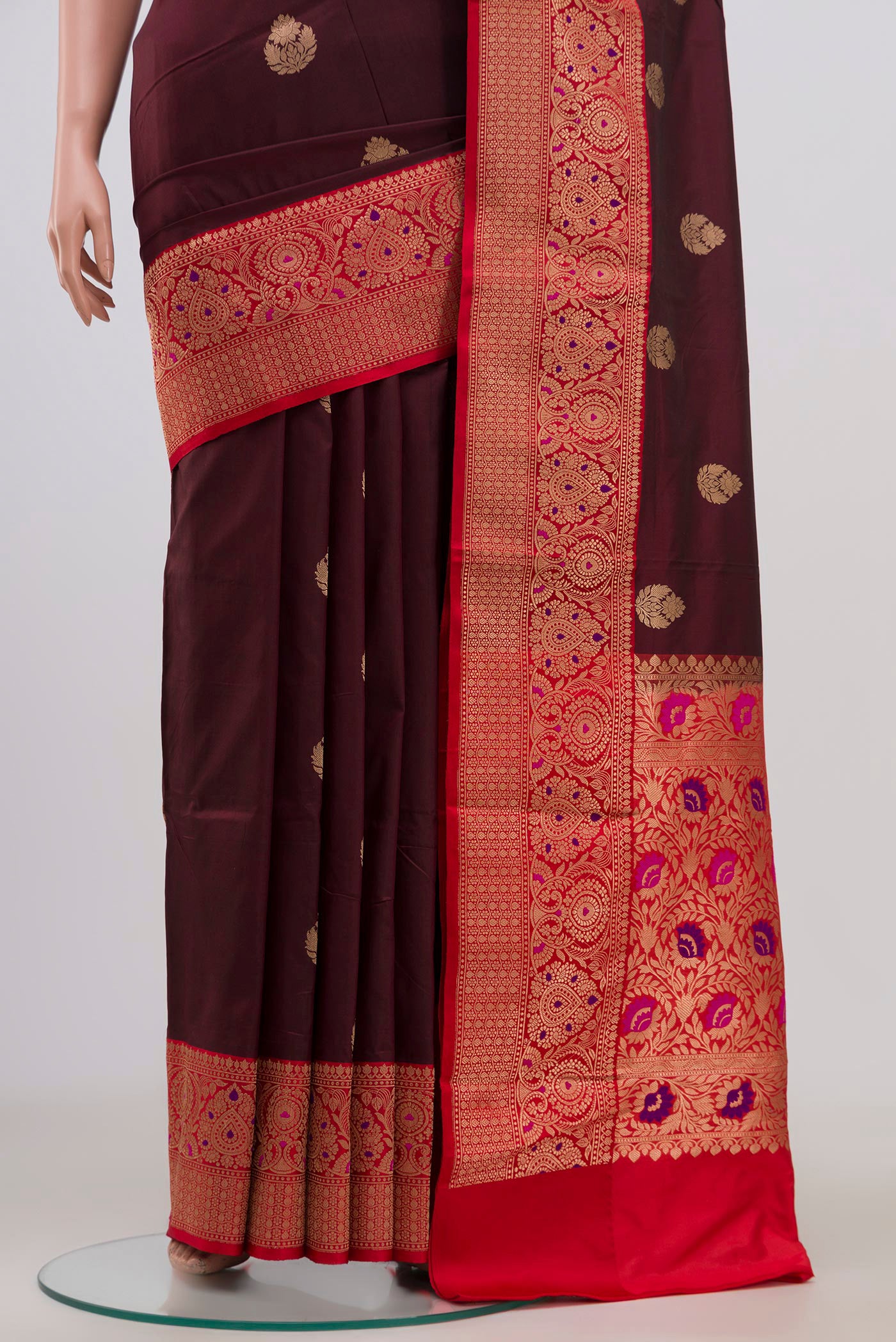 Pleats and pallu of Brown Banarasi Katan Silk Saree with Zari Butta on the body and Zari Border. 