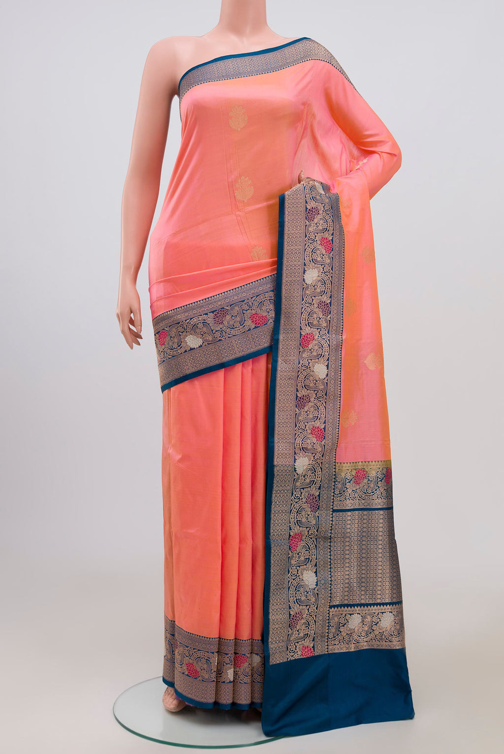 Pink Banarasi Katan Silk Saree with Zari Butta on the body and Zari Border.  displayed on a mannequin