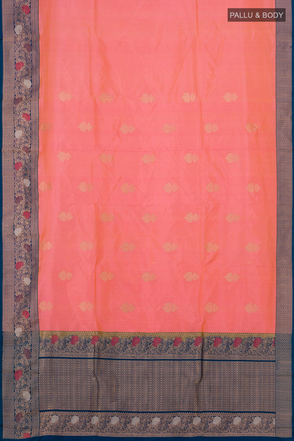 Flat view of Pink Banarasi Katan Silk Saree with Zari Butta on the body and Zari Border. 