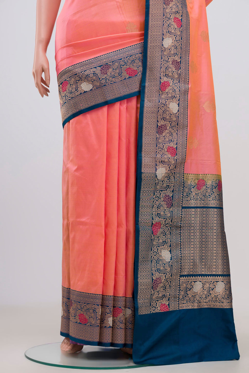 Pleats and pallu of Pink Banarasi Katan Silk Saree with Zari Butta on the body and Zari Border. 