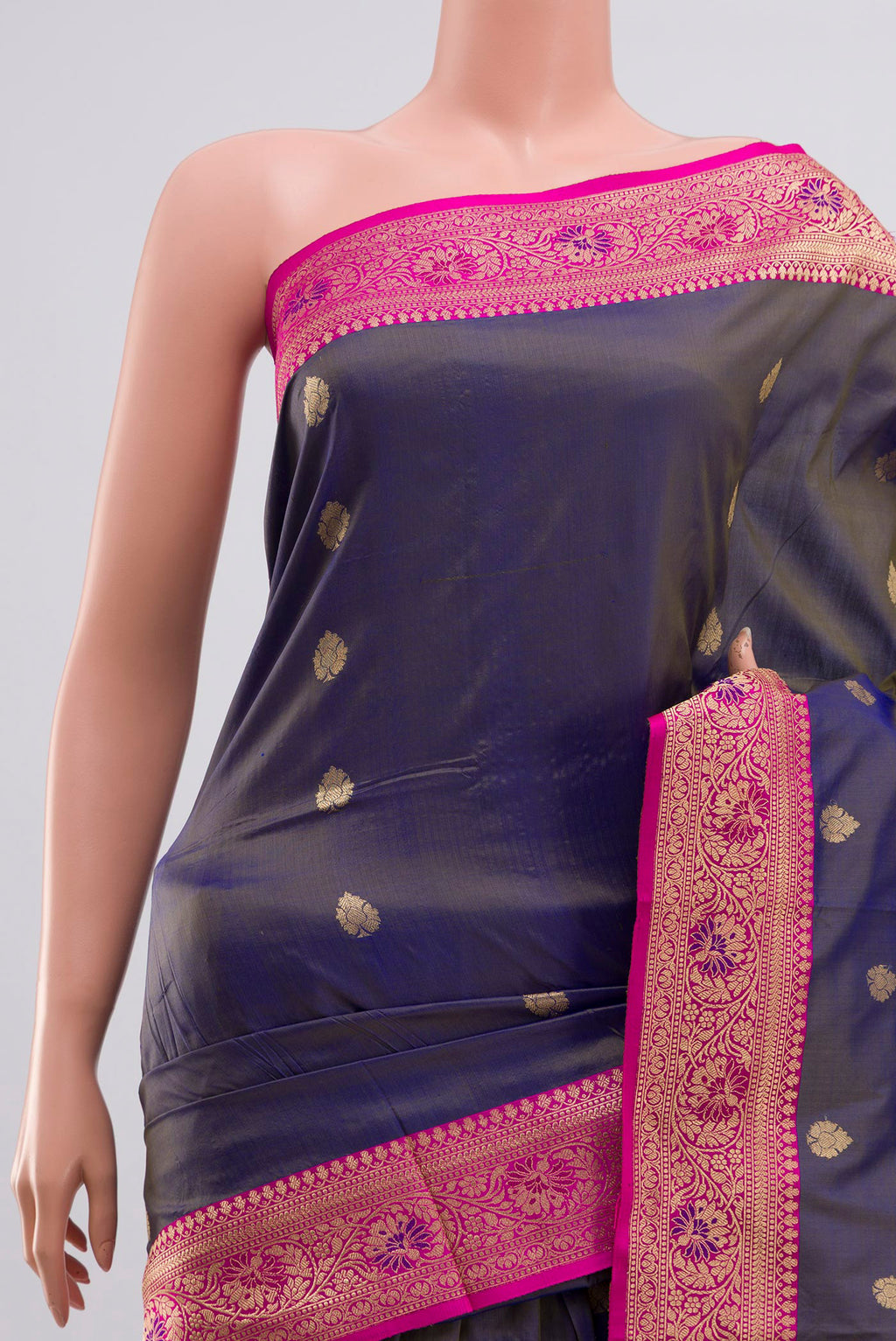 Border image of Blue Grey Banarasi Katan Silk Saree with Zari Butta on the body and Zari Border. 