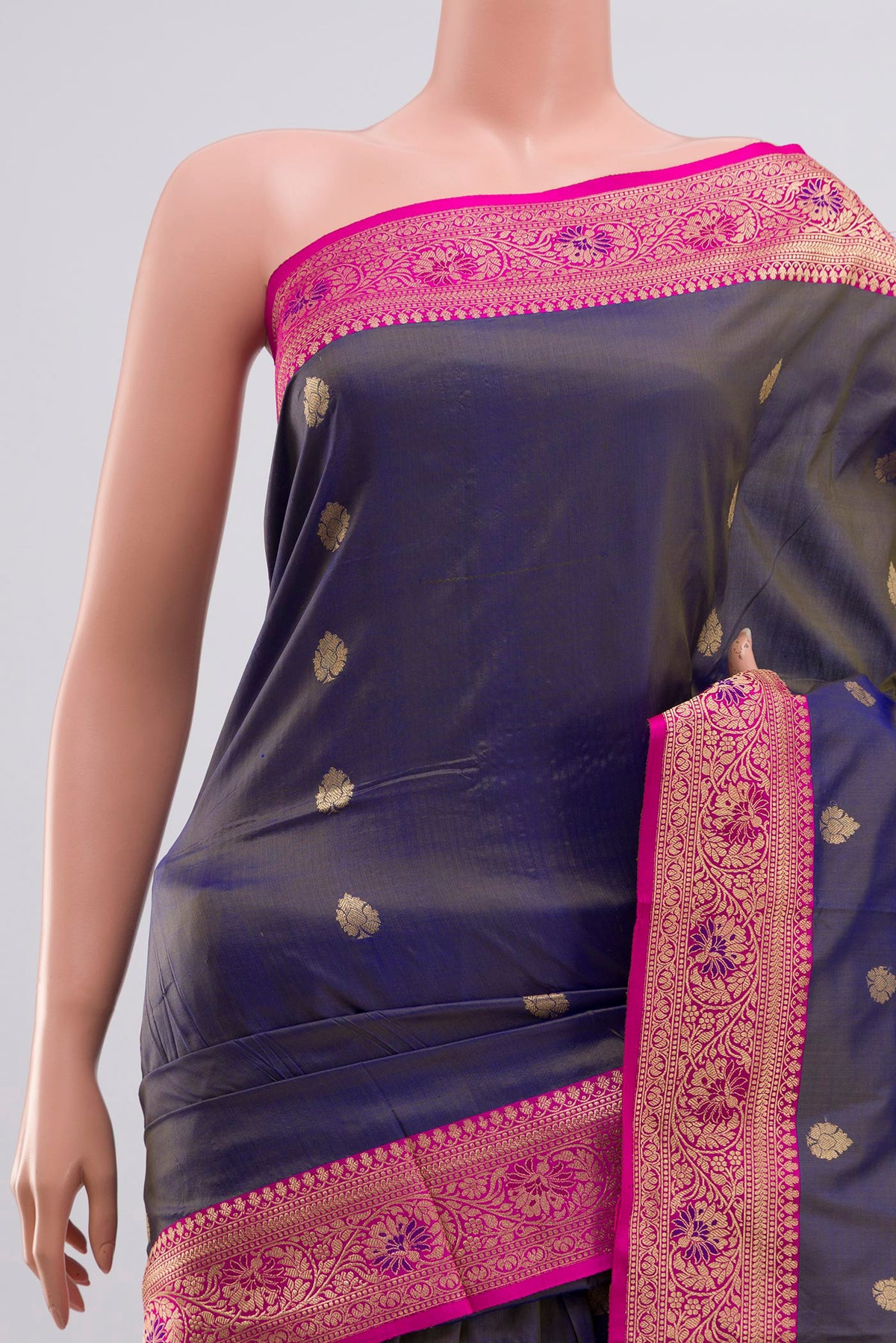 Border image of Blue Grey Banarasi Katan Silk Saree with Zari Butta on the body and Zari Border. 