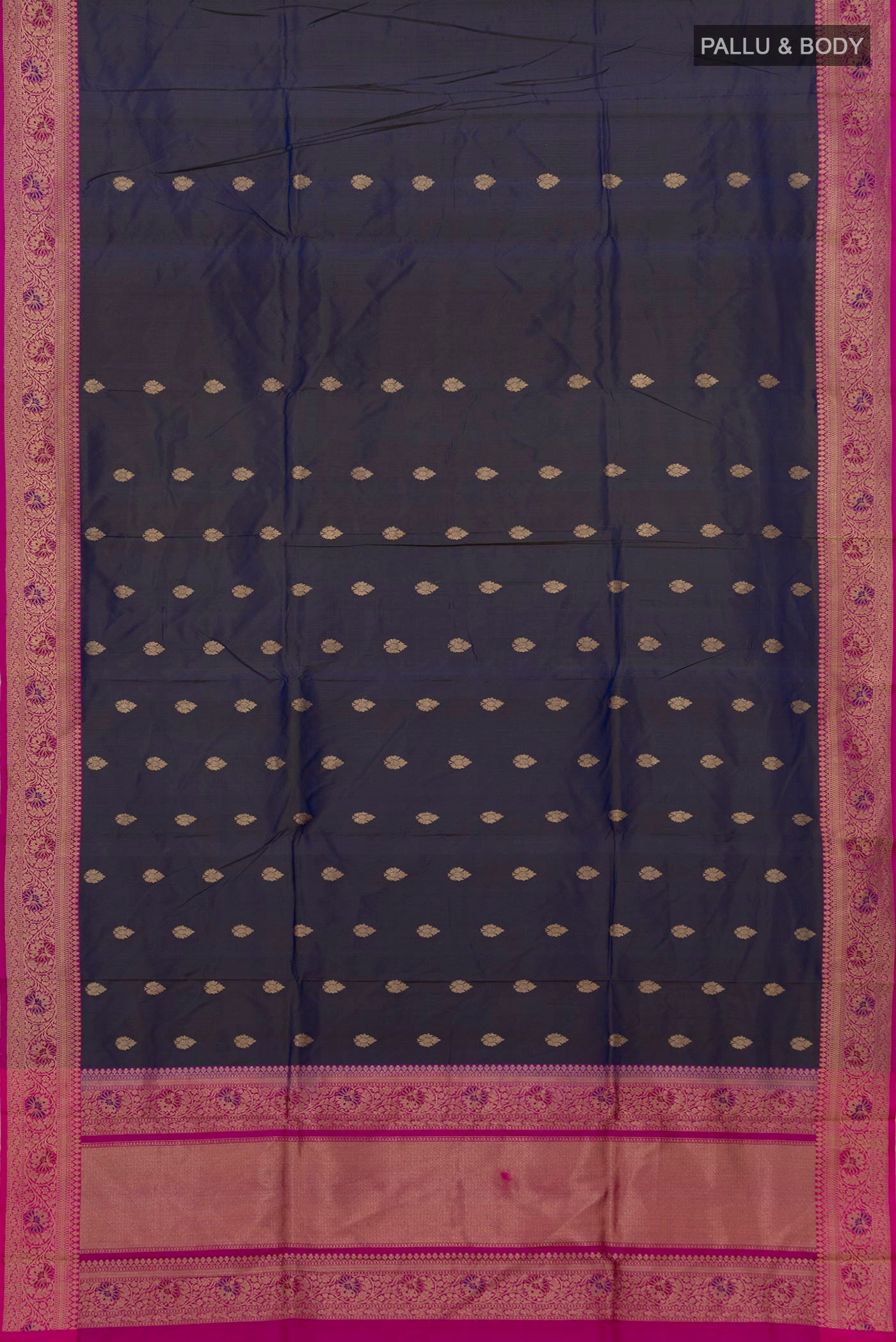 Flat view of Blue Grey Banarasi Katan Silk Saree with Zari Butta on the body and Zari Border. 
