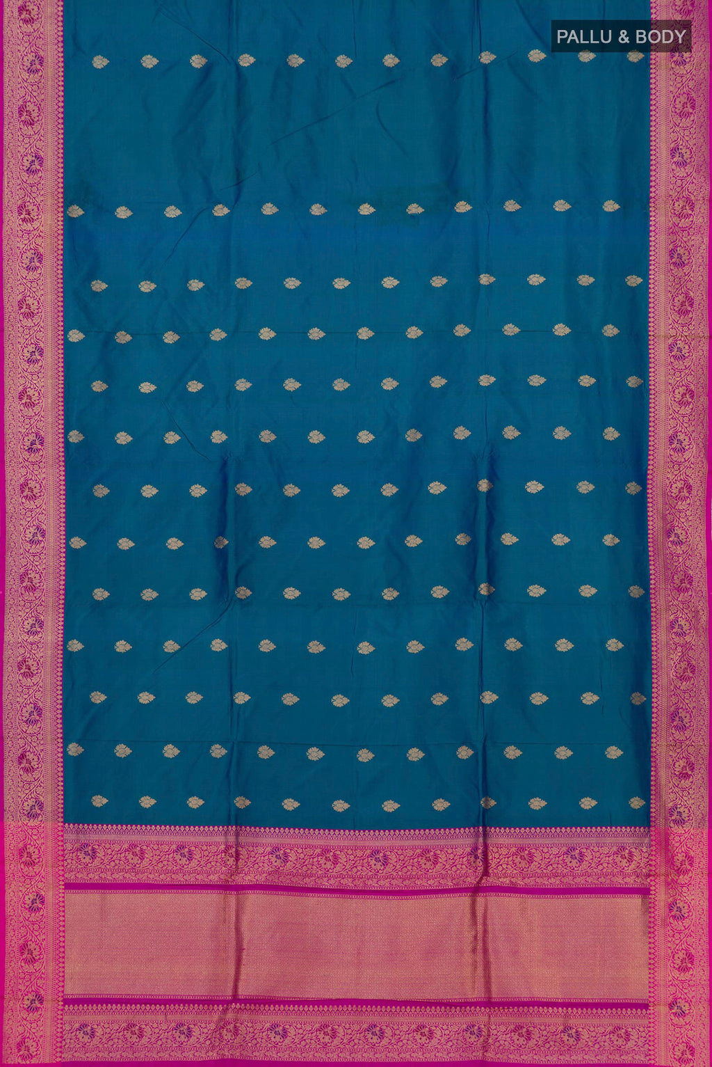 Flat view of Blue Banarasi Katan Silk Saree with Zari Butta on the body and Zari Border. 