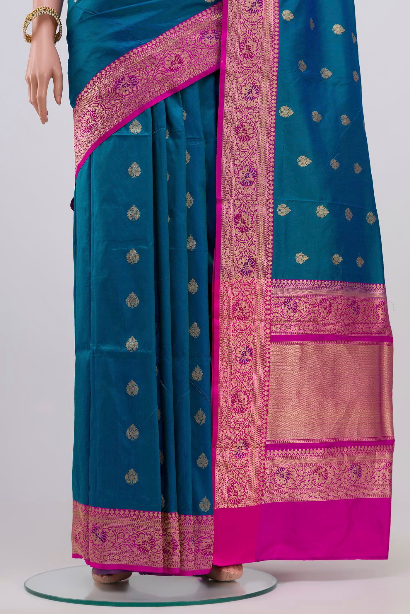Pleats and pallu of Blue Banarasi Katan Silk Saree with Zari Butta on the body and Zari Border. 