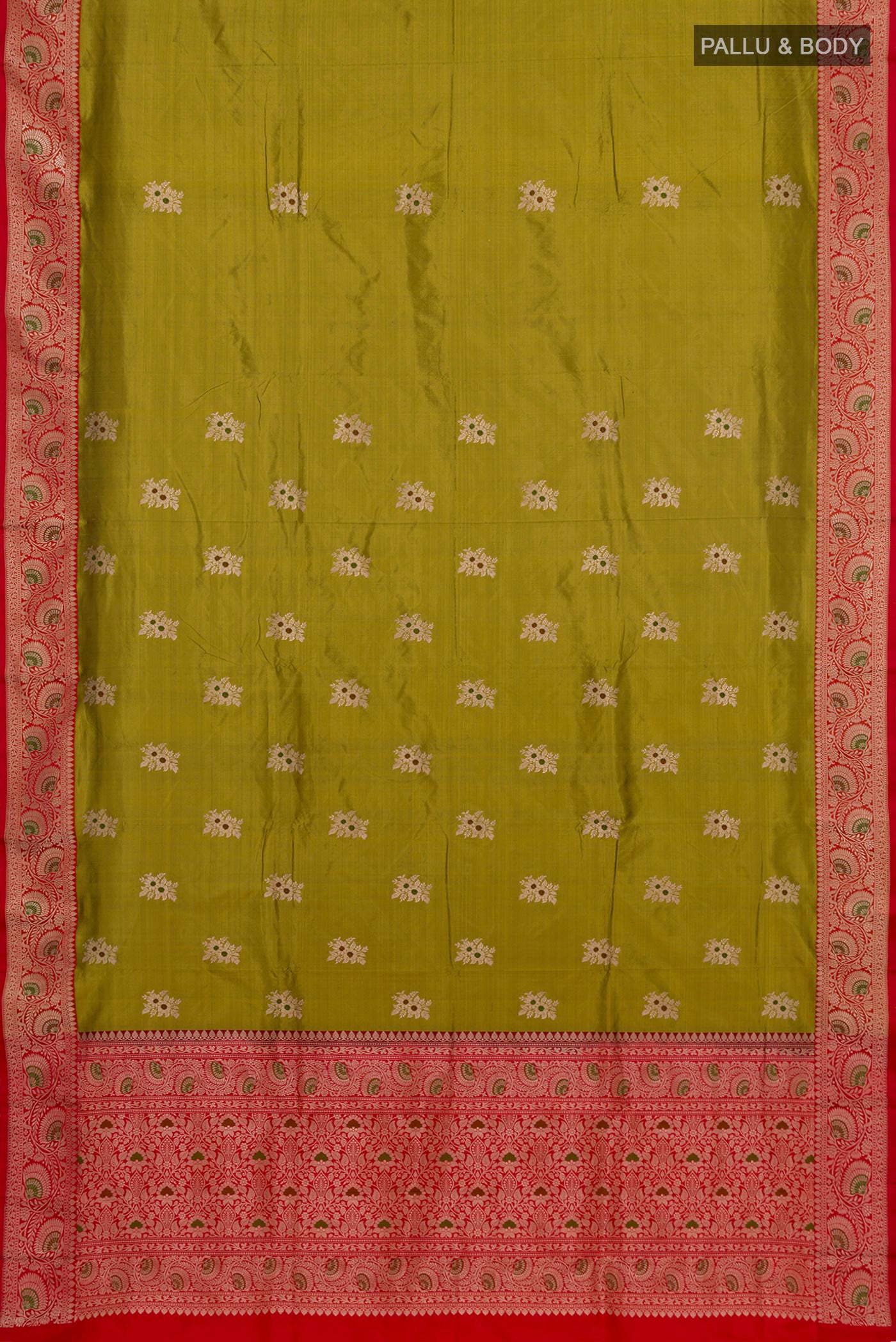 Flat view of Green Banarasi Katan Silk Saree with Zari Butta on the body and Zari Border. 