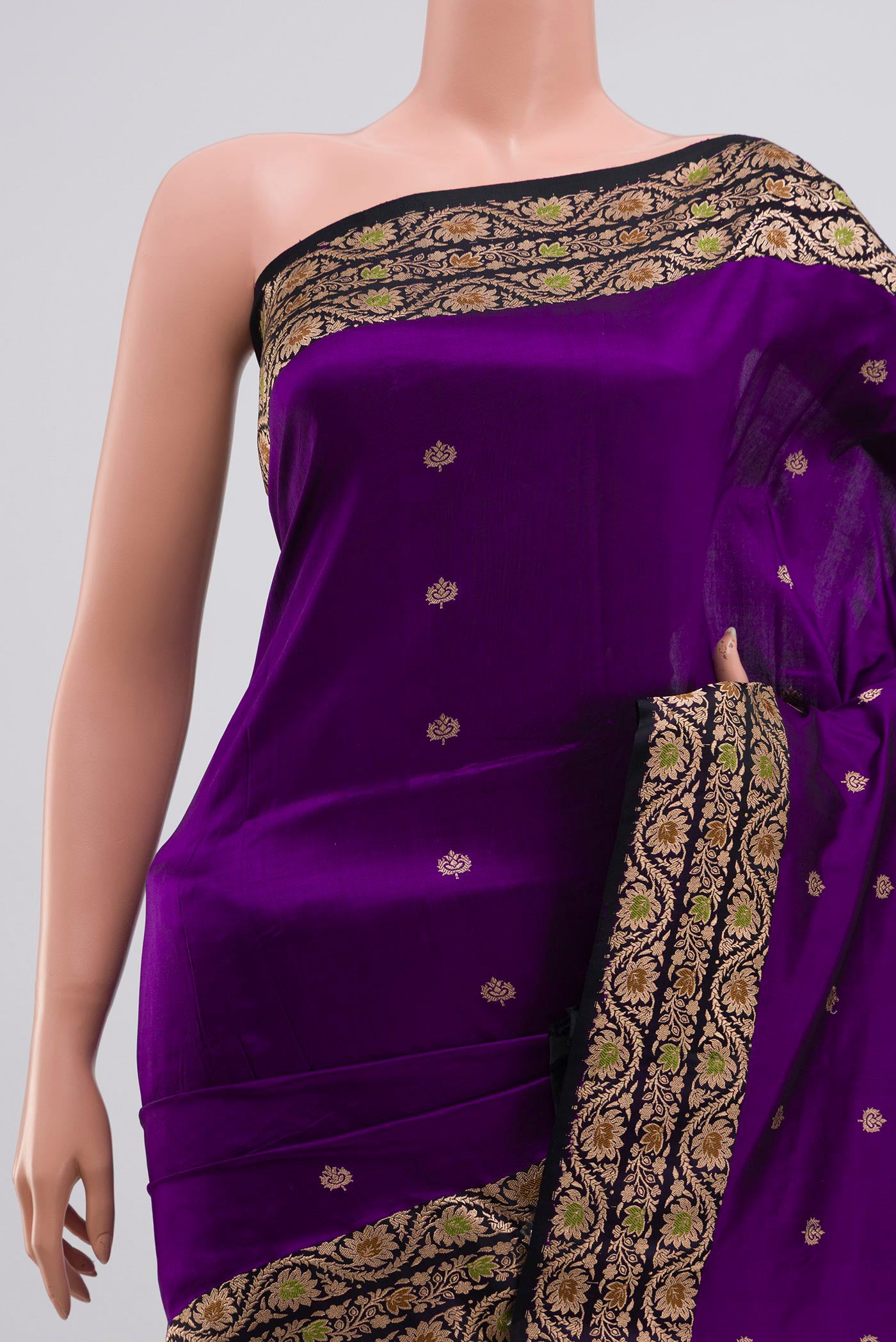 Border image of Violet Banarasi Katan Silk Saree with Zari Butta on the body and Zari Border. 