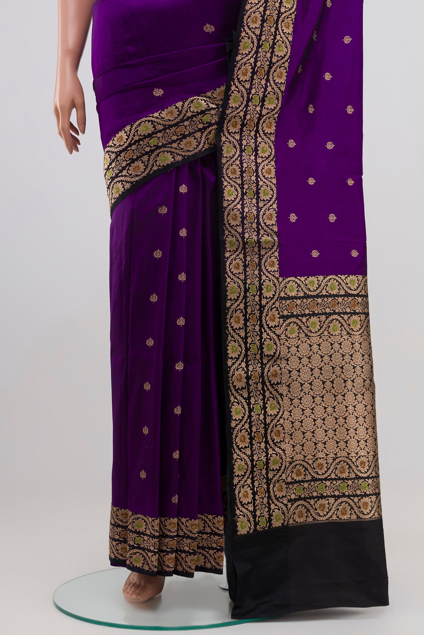 Pleats and pallu of Violet Banarasi Katan Silk Saree with Zari Butta on the body and Zari Border. 