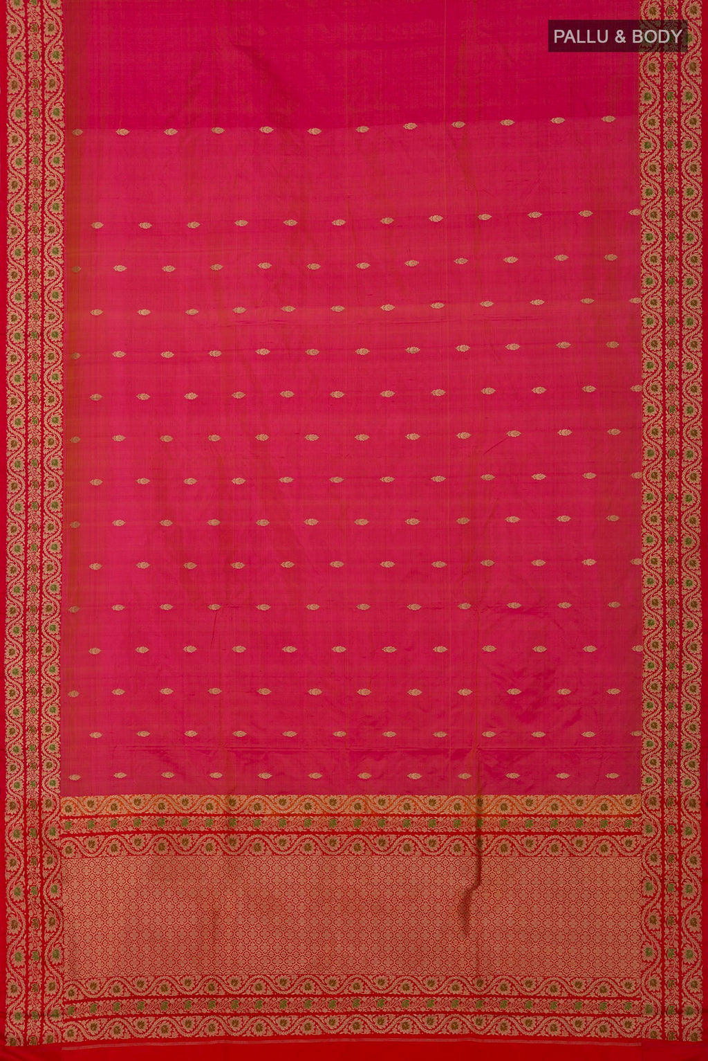 Flat view of Pink Banarasi Katan Silk Saree with Zari Butta on the body and Fancy Border. 