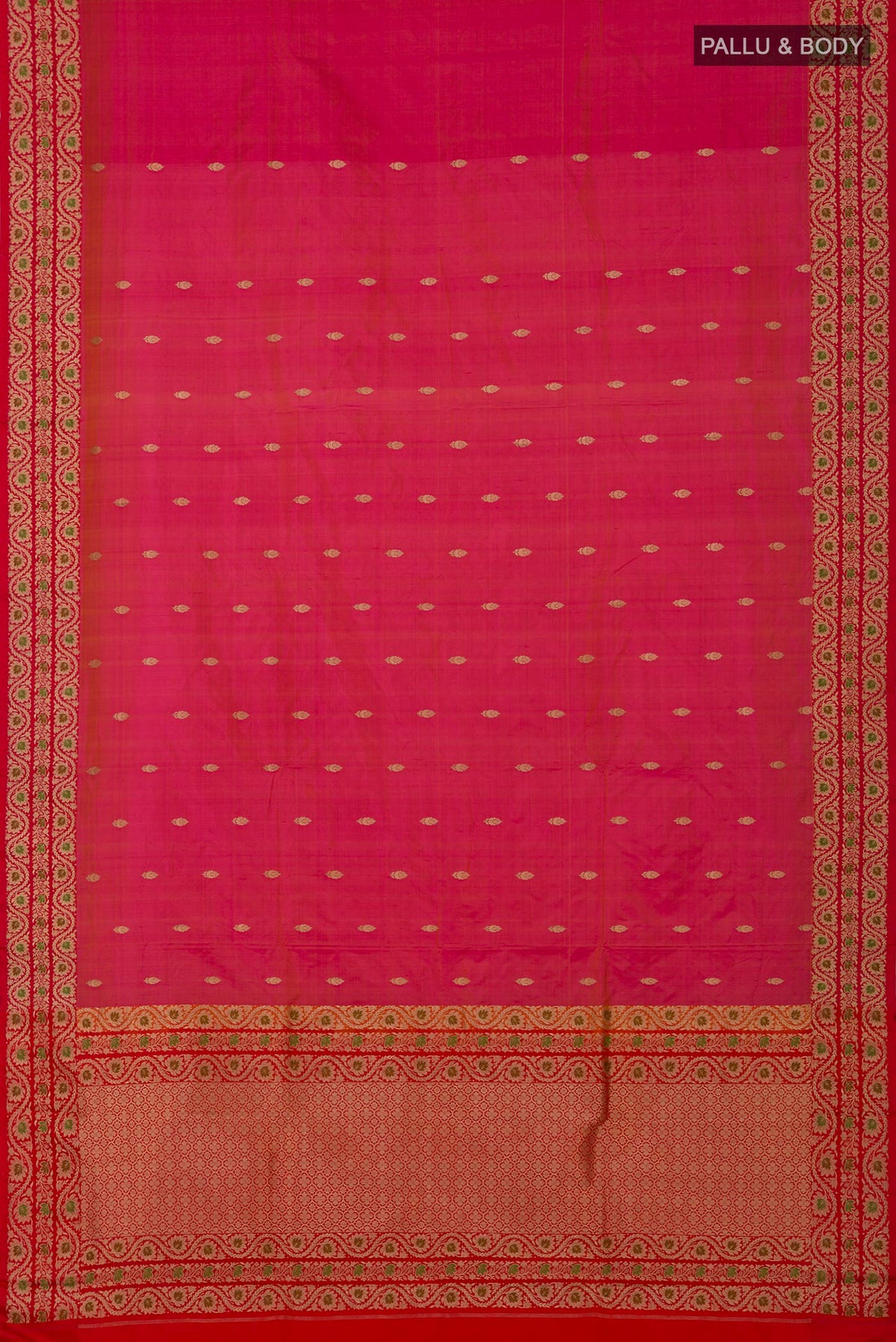 Flat view of Pink Banarasi Katan Silk Saree with Zari Butta on the body and Fancy Border. 
