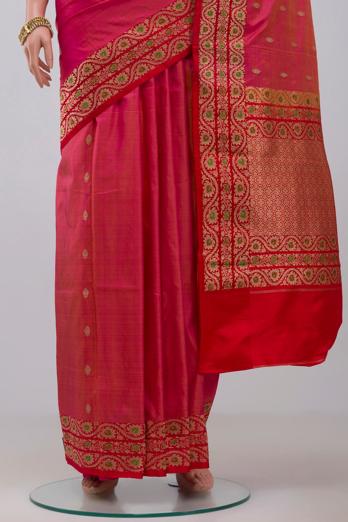 Pleats and pallu of Pink Banarasi Katan Silk Saree with Zari Butta on the body and Fancy Border. 