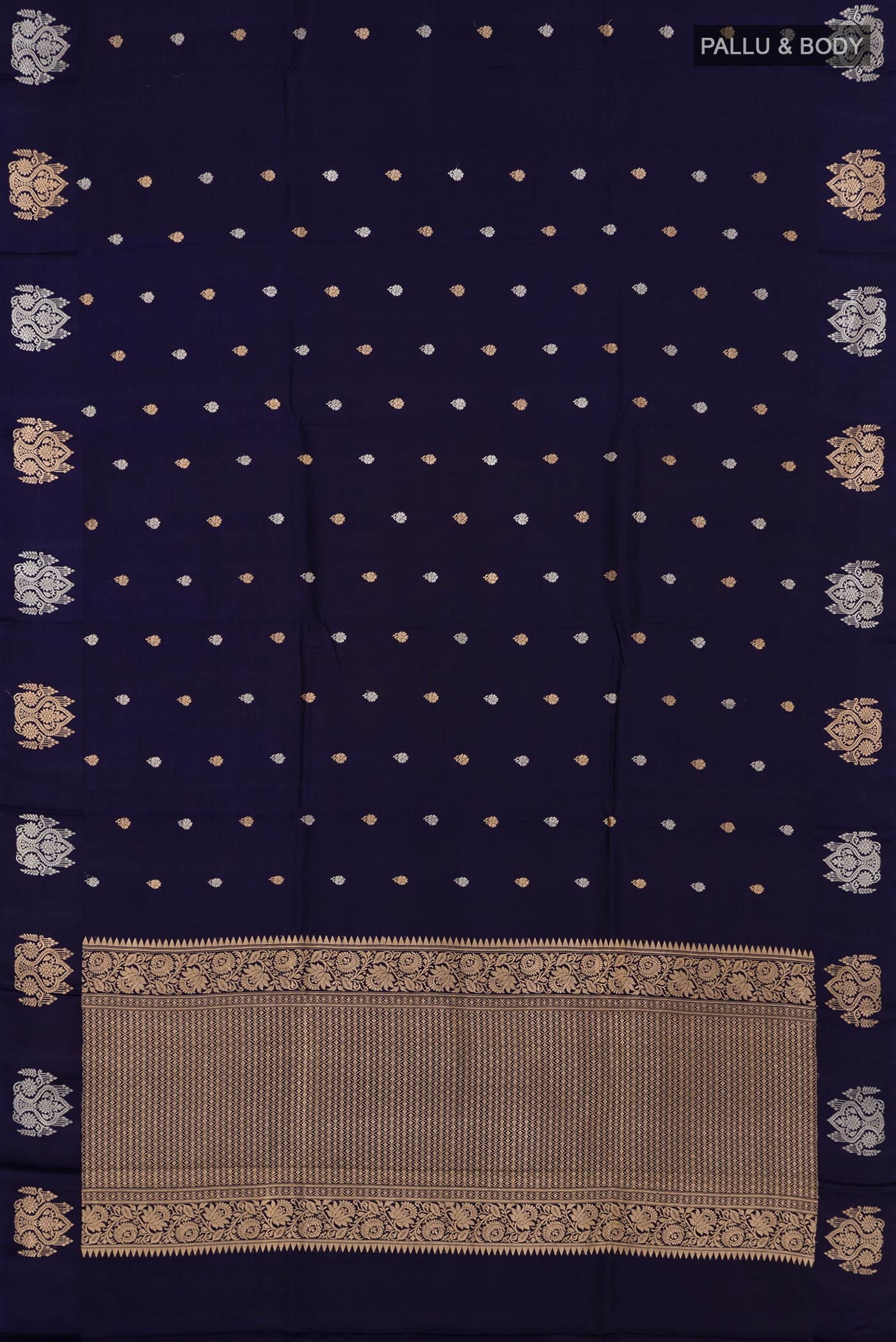 Flat view of Blue Banarasi Katan Silk Saree with Zari Butta on the body and Fancy Border. 