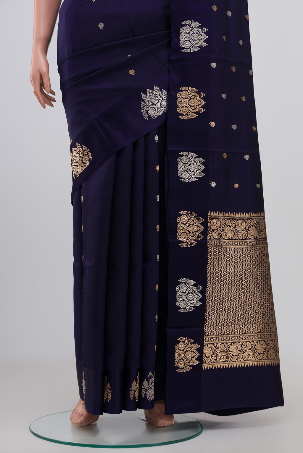 Pleats and pallu of Blue Banarasi Katan Silk Saree with Zari Butta on the body and Fancy Border. 
