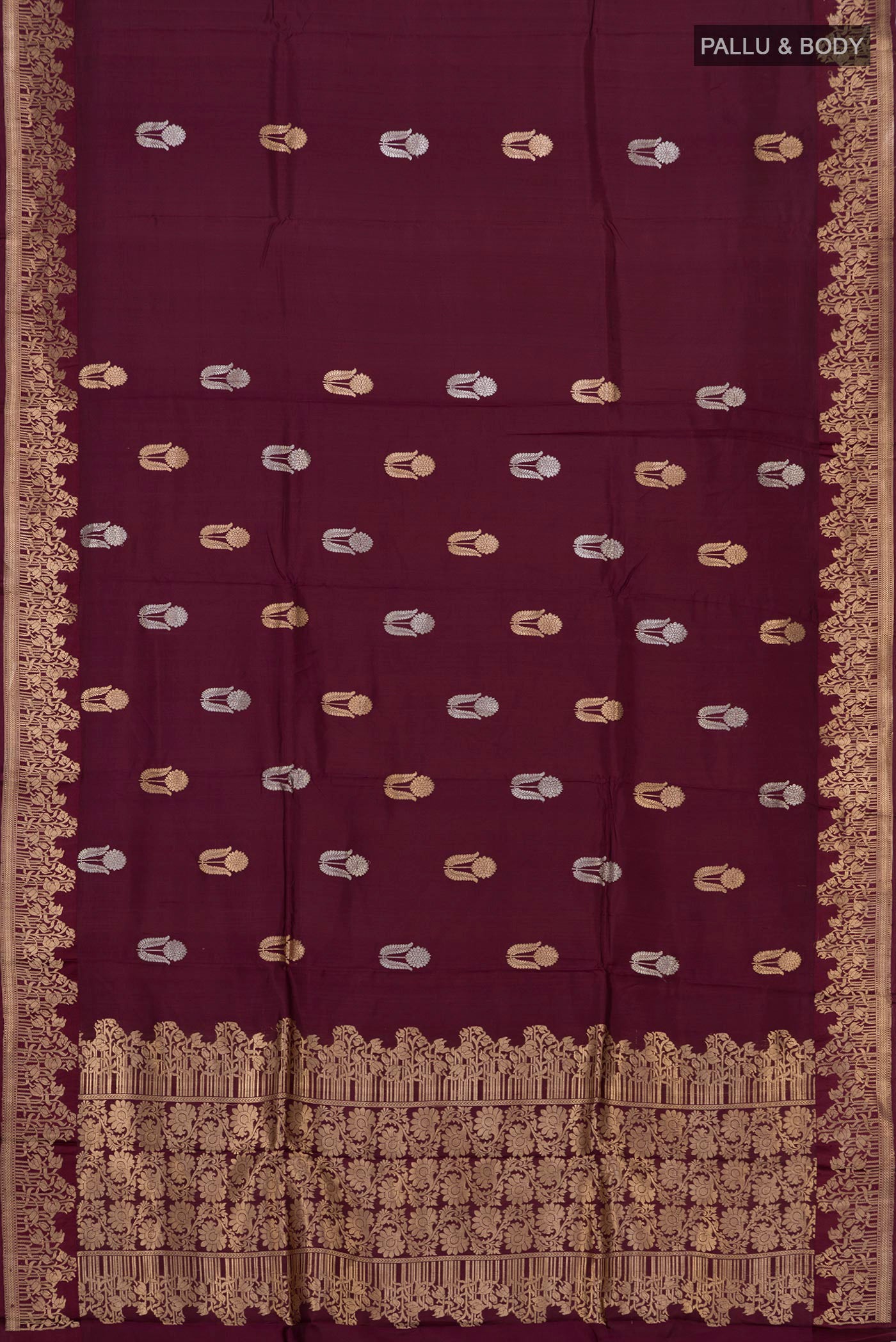 Flat view of Brown Banarasi Katan Silk Saree with Zari Butta on the body and Fancy Border. 