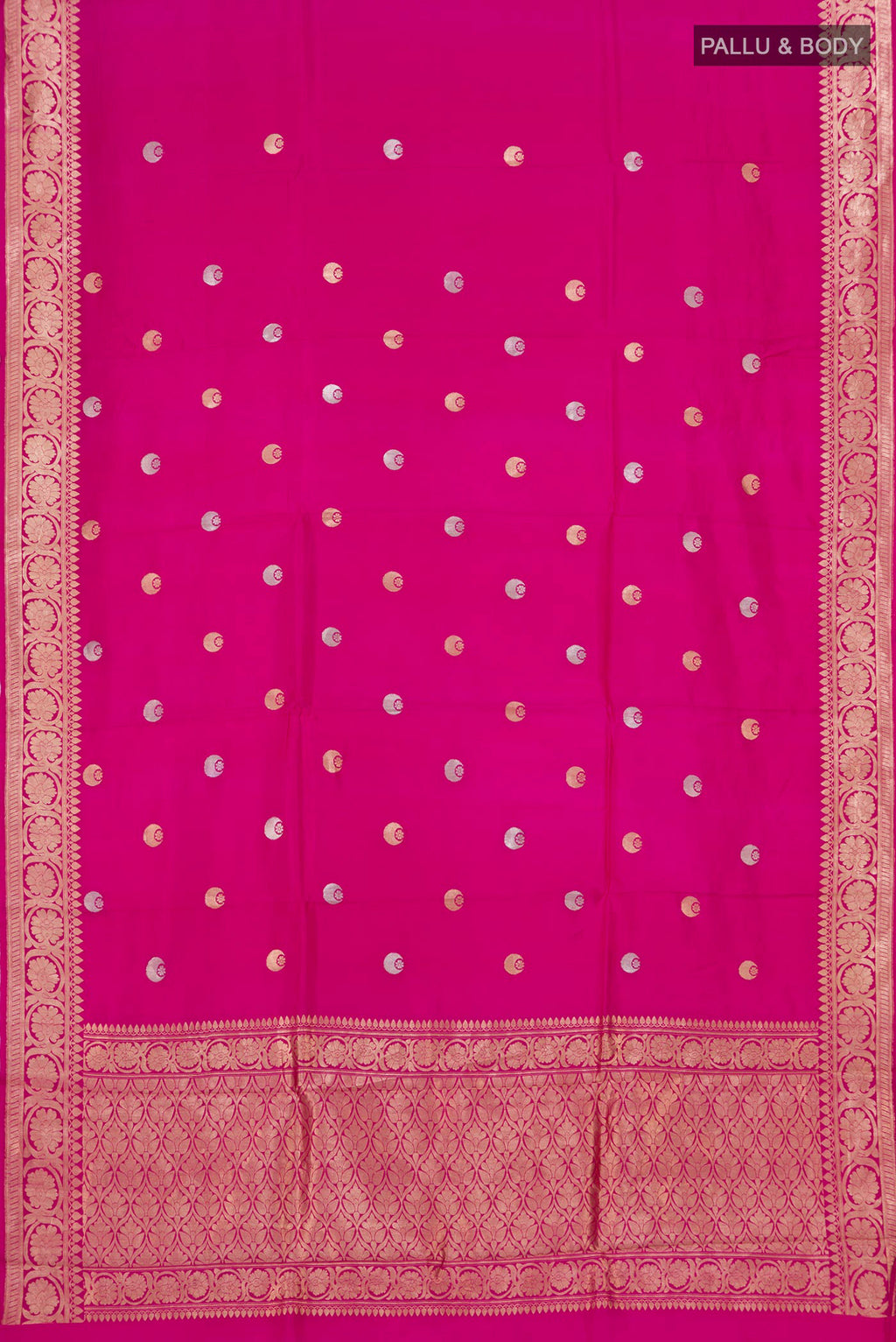 Flat view of Dark Pink Banarasi Katan Silk Saree with Zari Butta on the body and Zari Border. 