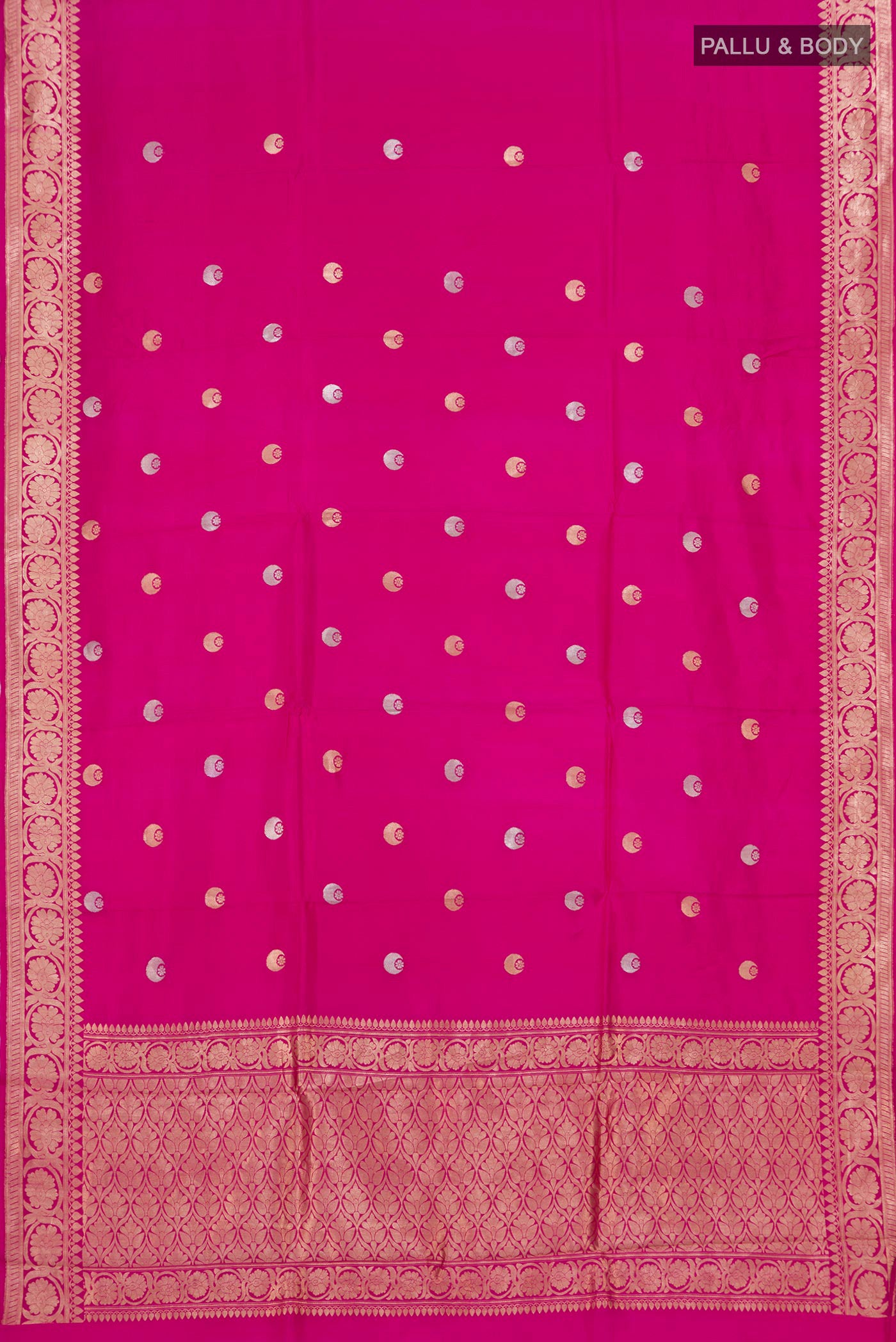 Flat view of Dark Pink Banarasi Katan Silk Saree with Zari Butta on the body and Zari Border. 