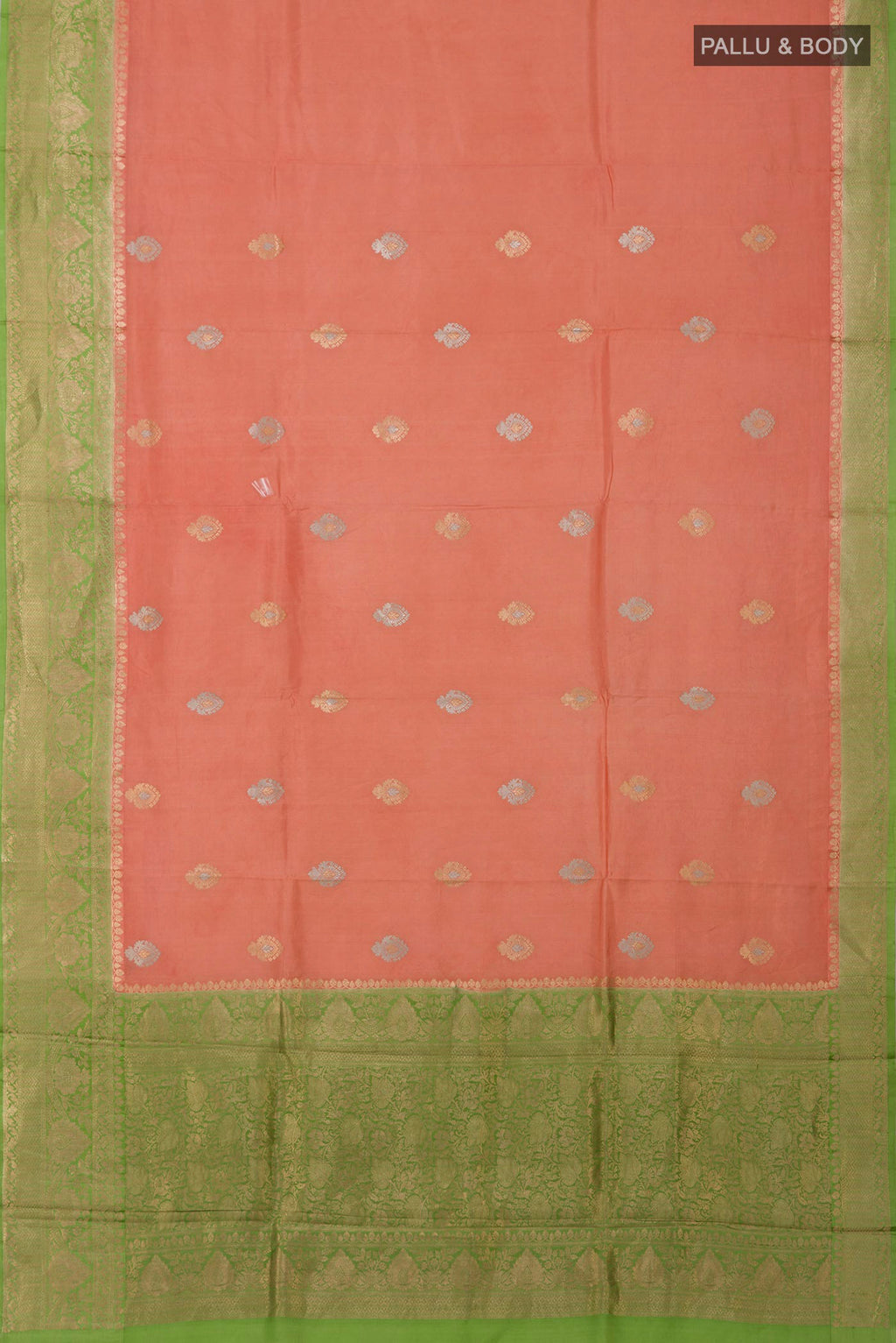 Flat view of Peach Banarasi Katan Silk Saree with Zari Butta on the body and Fancy Border. 