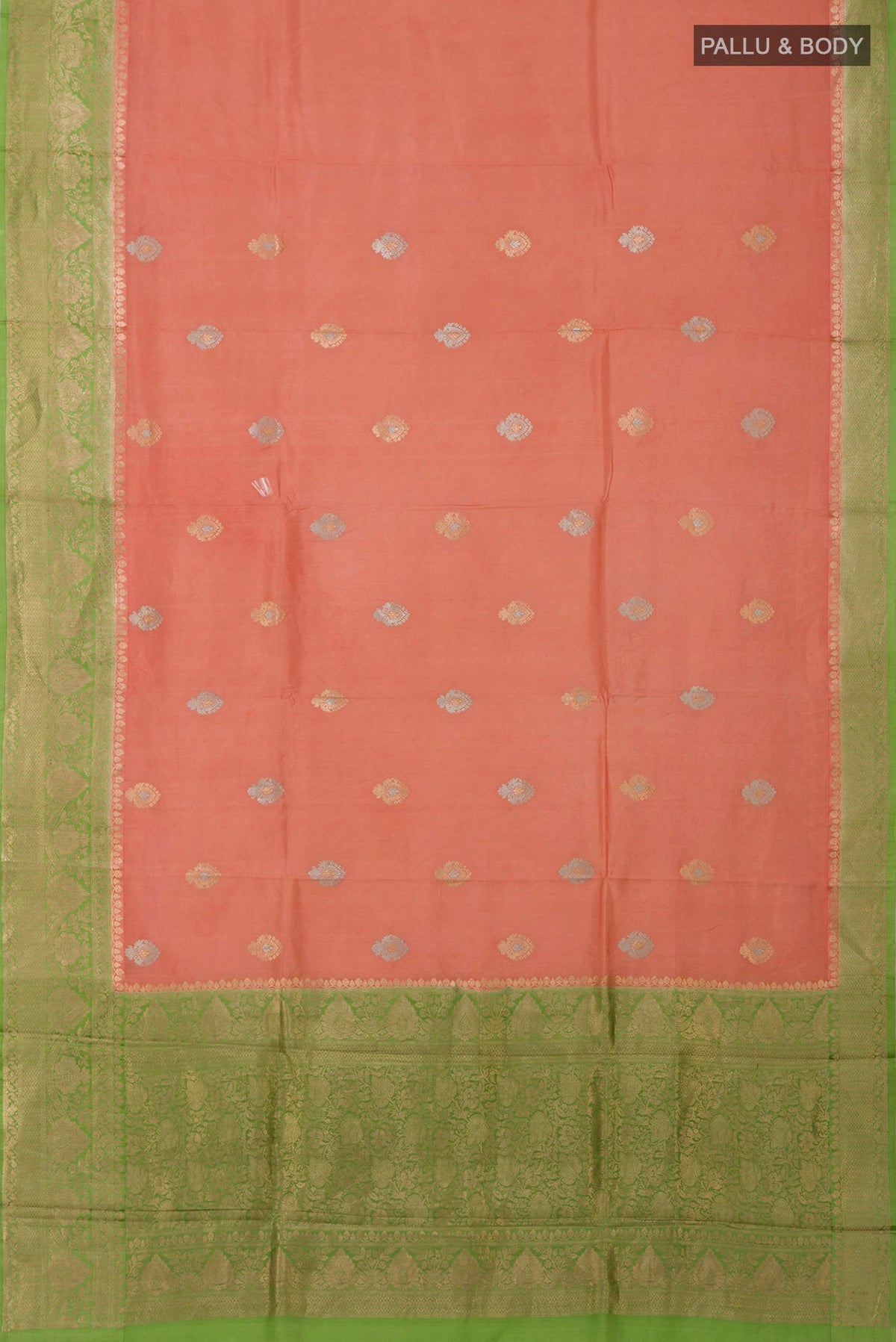 Flat view of Peach Banarasi Katan Silk Saree with Zari Butta on the body and Fancy Border. 