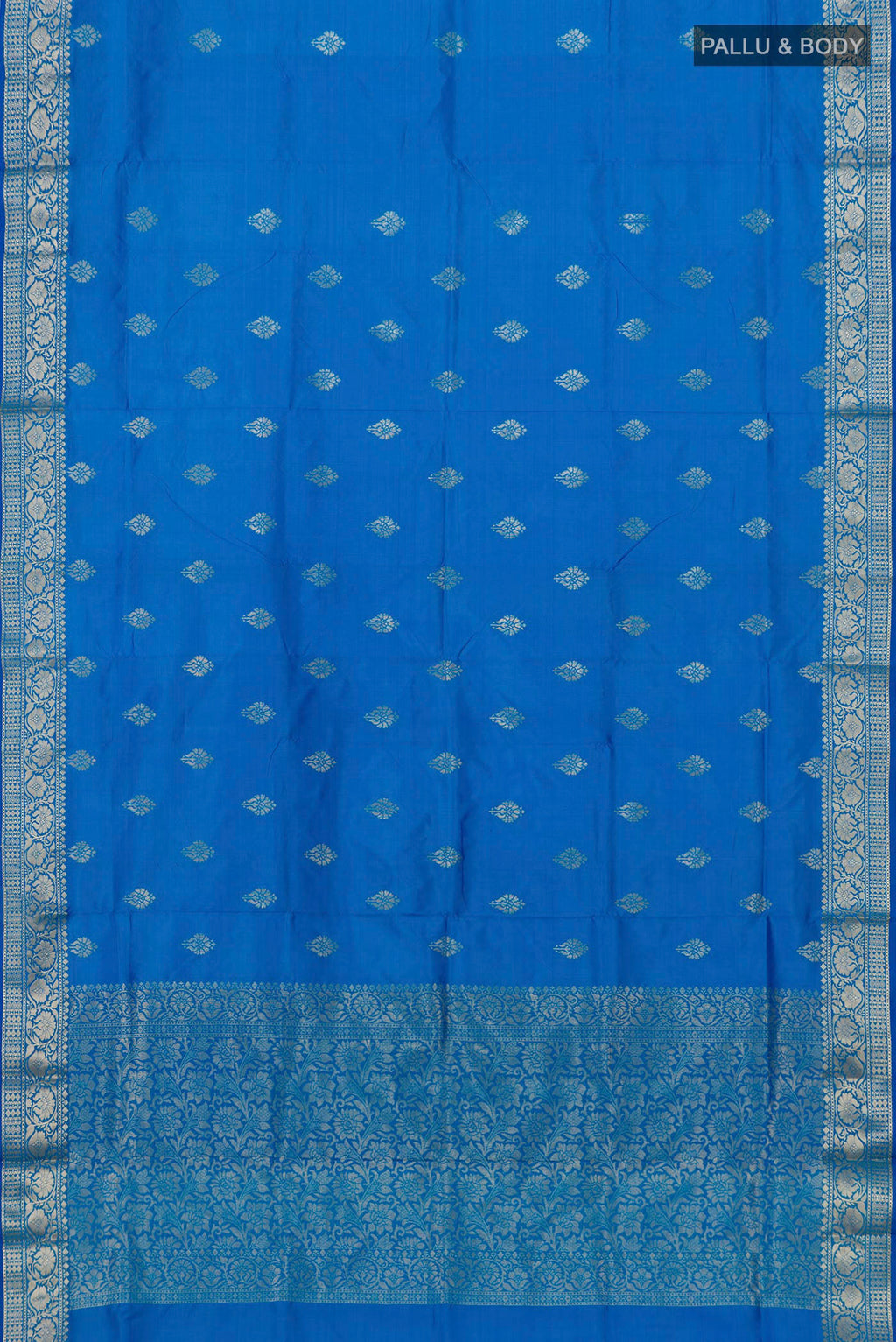 Flat view of Royal Blue Banarasi Katan Silk Saree with Zari Butta on the body and Zari Border. 