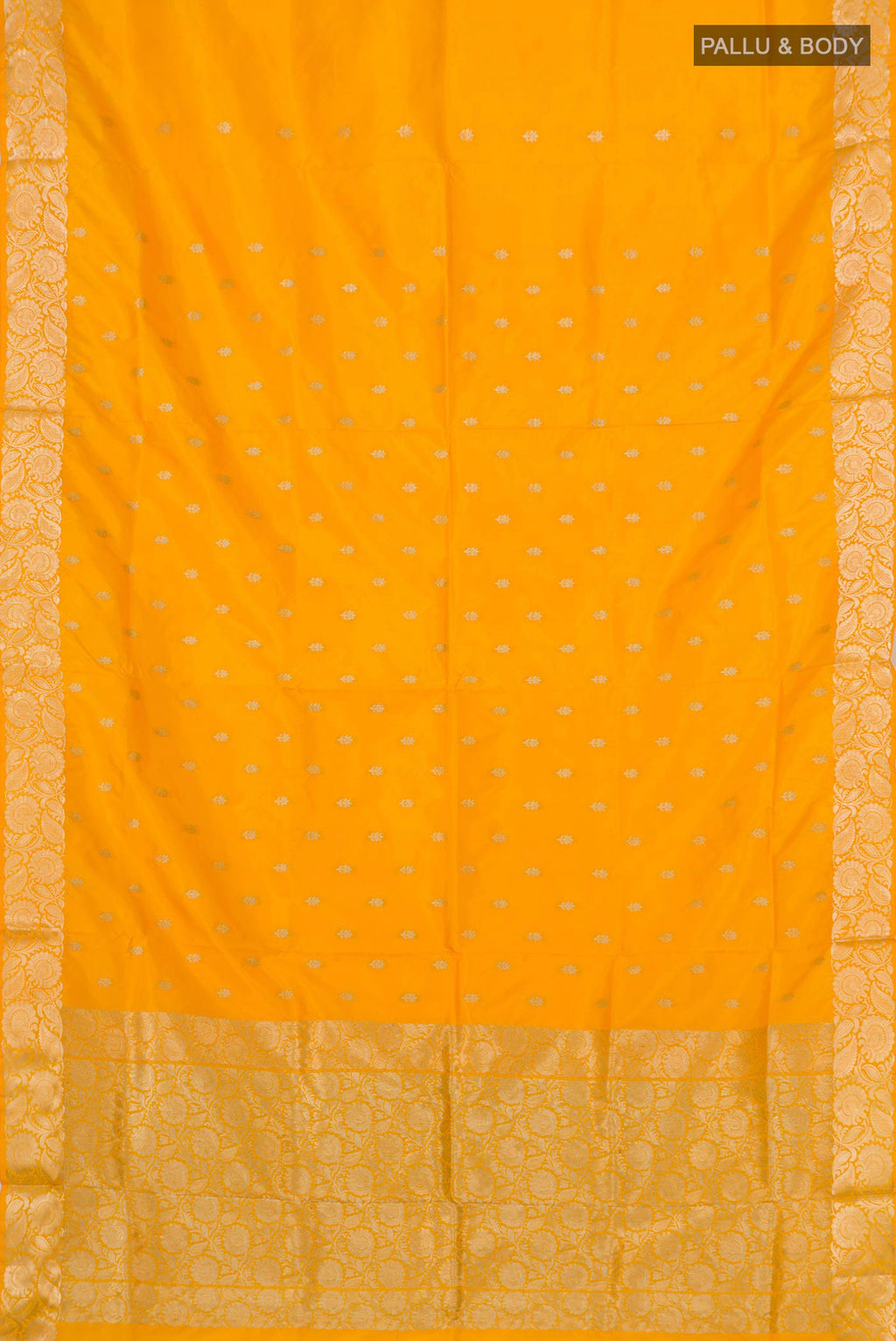 Flat view of Yellow Banarasi Katan Silk Saree with Zari Butta on the body and Zari Border. 