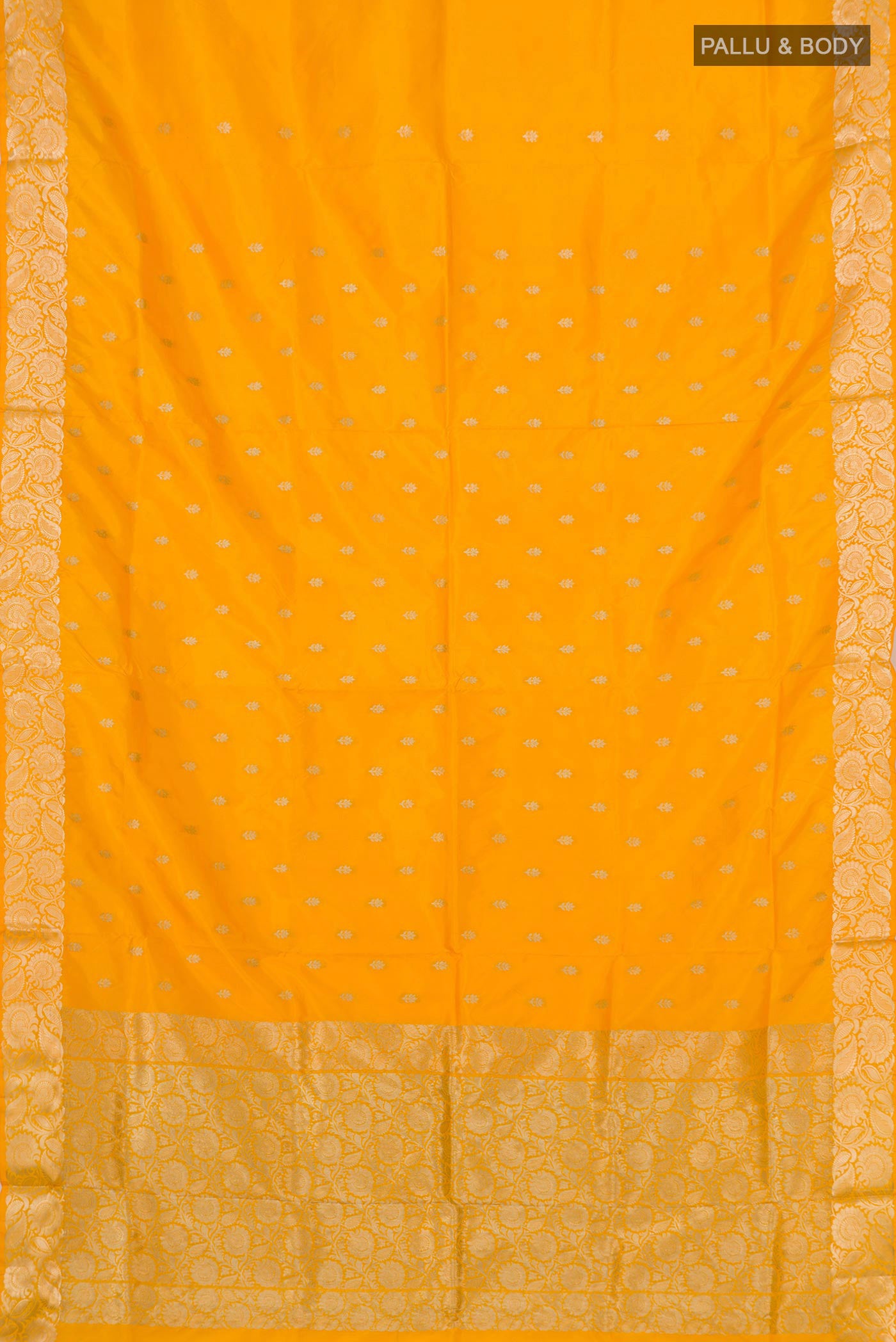 Flat view of Yellow Banarasi Katan Silk Saree with Zari Butta on the body and Zari Border. 
