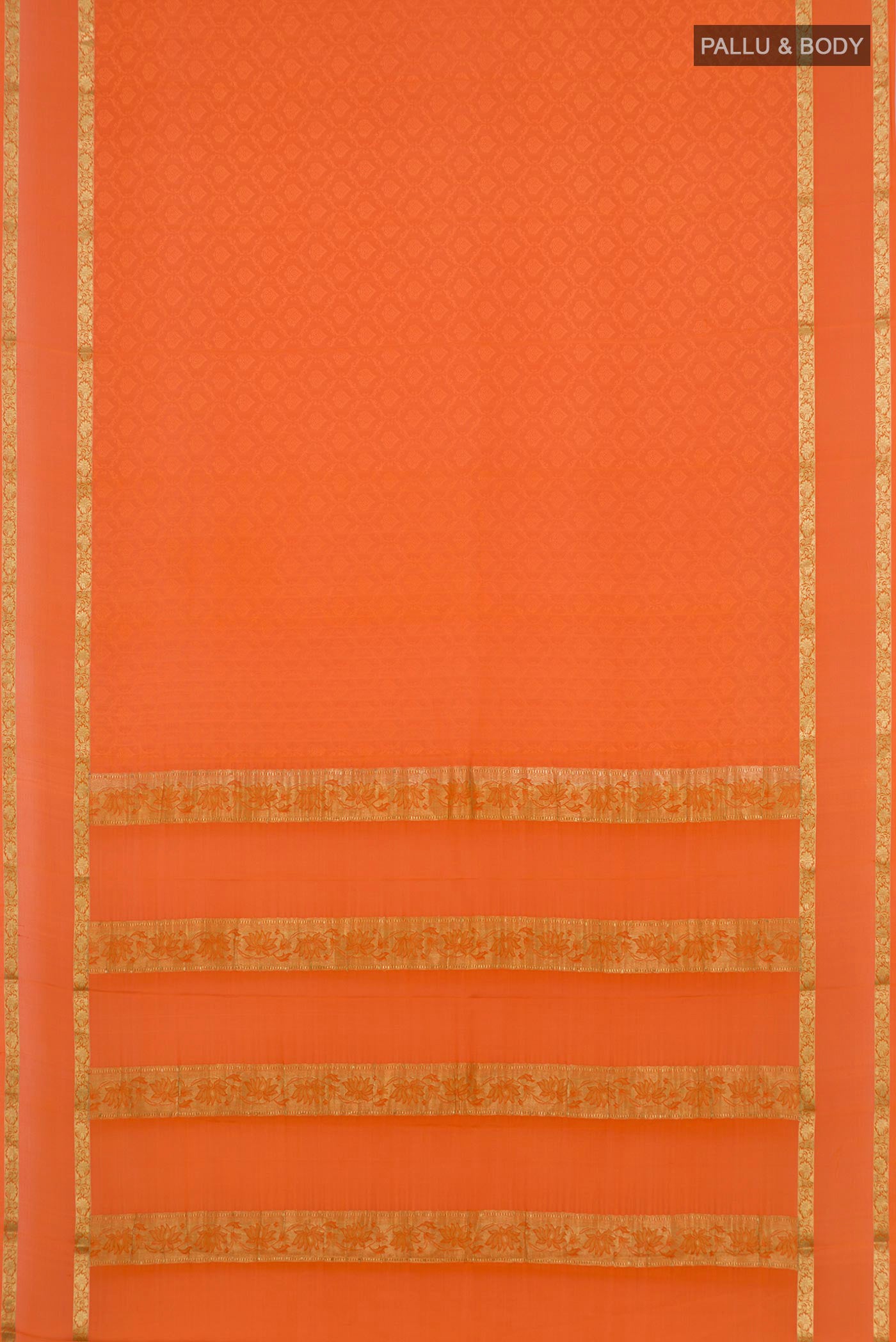 Flat view of Orange Crepe Saree with Jacquard design on the body and Zari Border. 