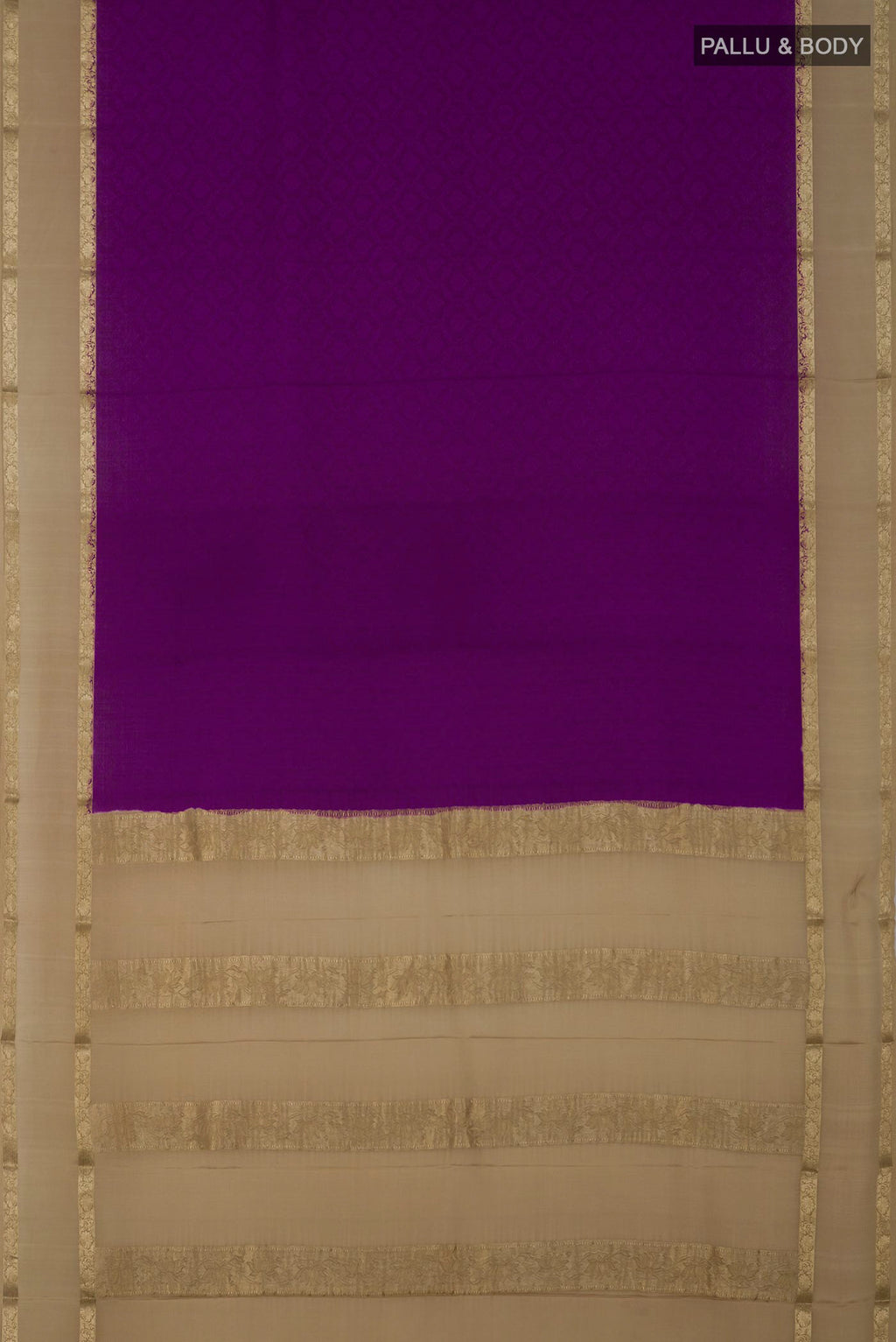 Flat view of Purple Crepe Saree with Jacquard design on the body and Thin Zari Line. 