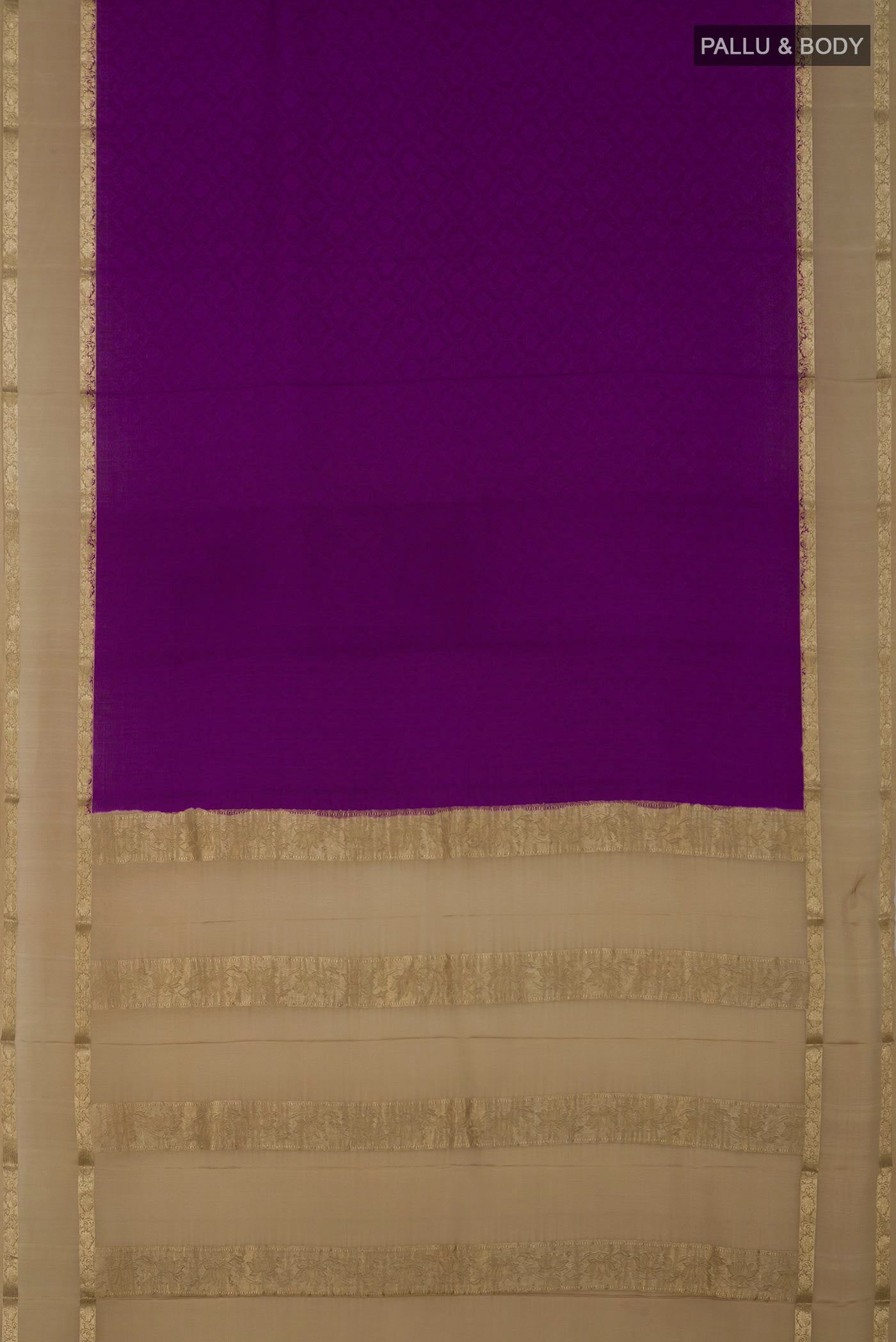 Flat view of Purple Crepe Saree with Jacquard design on the body and Thin Zari Line. 