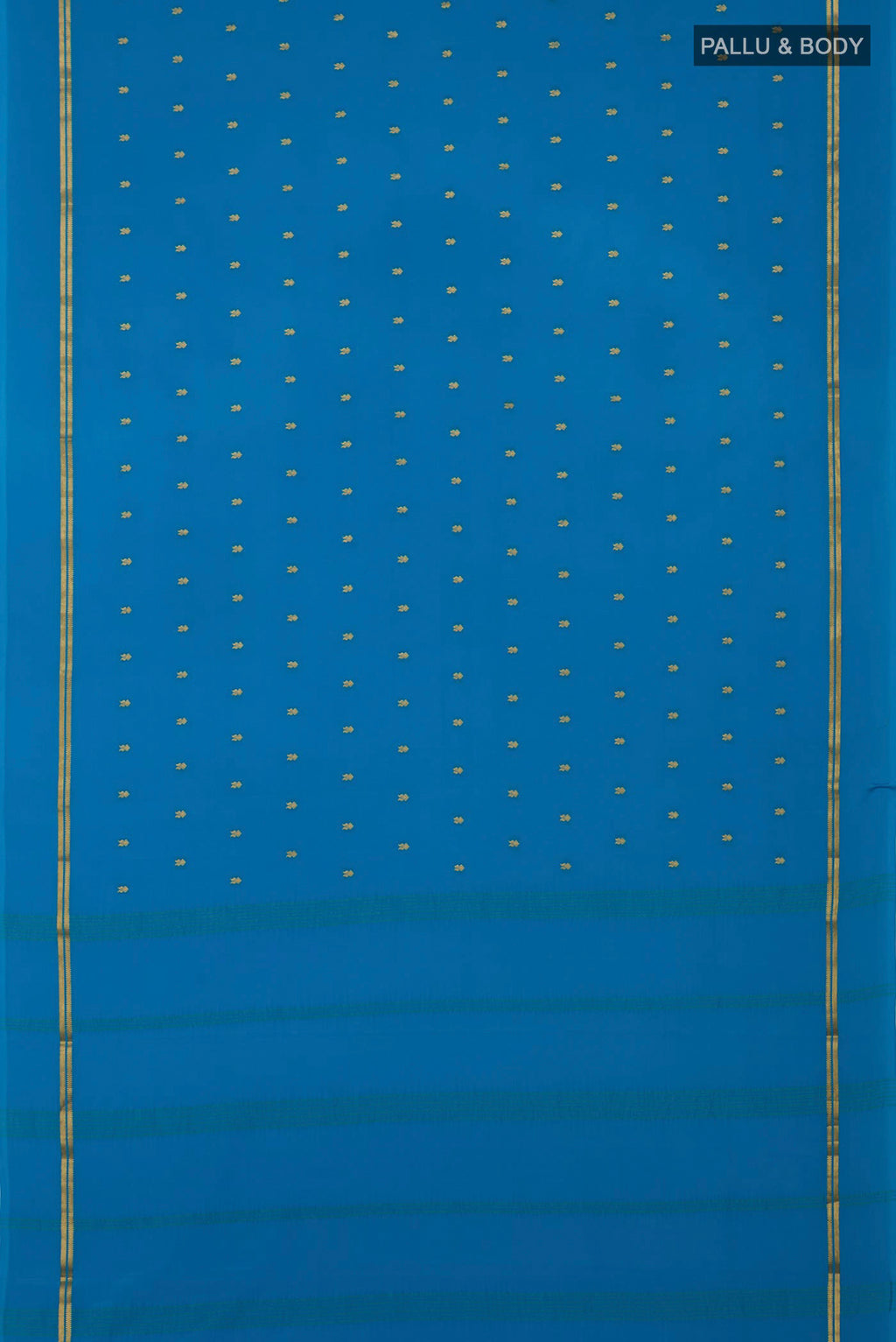 Flat view of Blue Mysore Crepe Saree with Zari Butta on the body and Plain Border. 