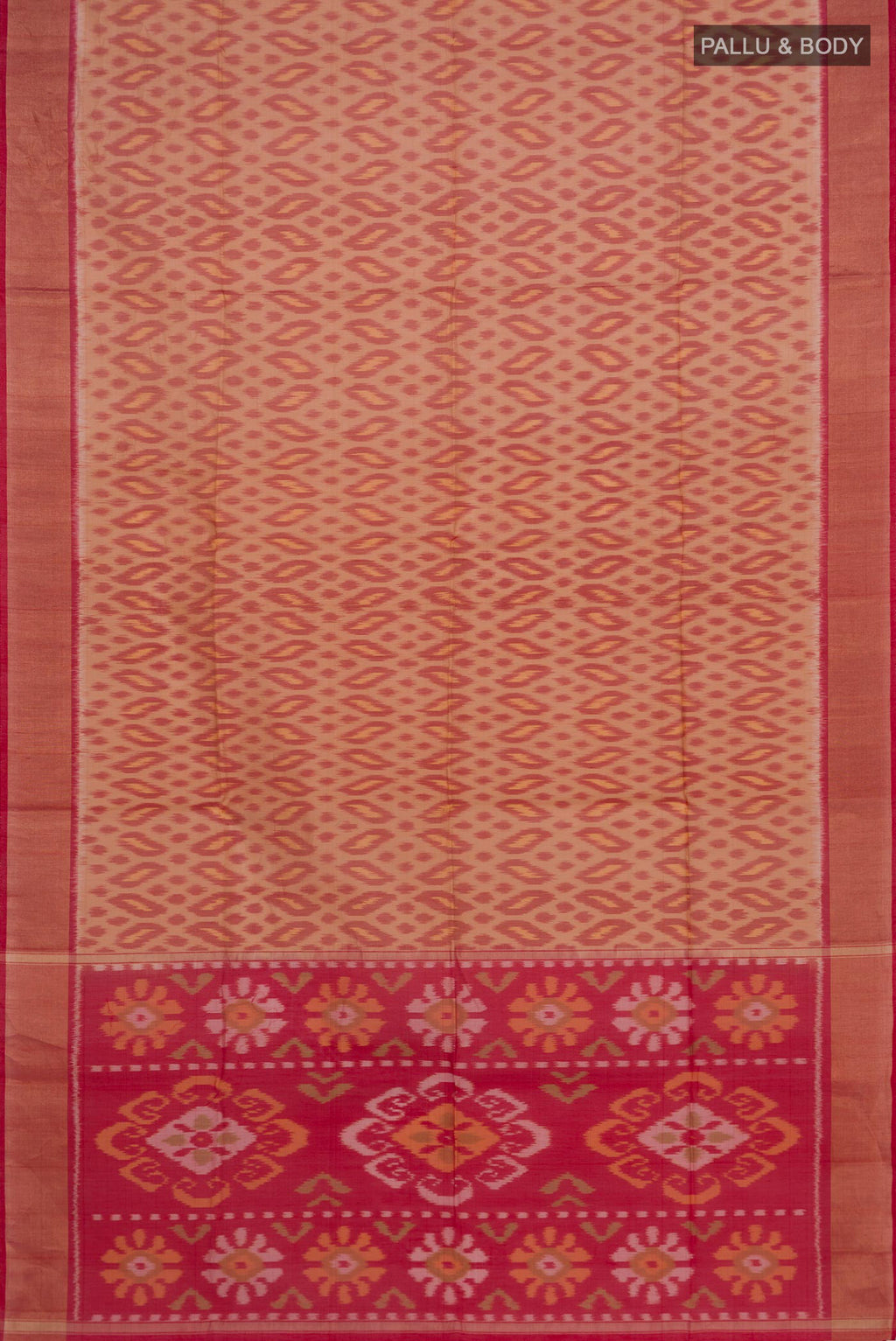 Flat view of Beige Silk Cotton Saree with Ikat design on the body and Zari Border. 