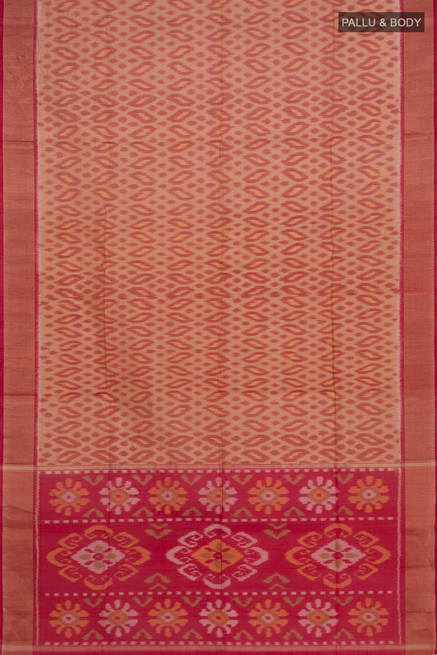 Flat view of Beige Silk Cotton Saree with Ikat design on the body and Zari Border. 