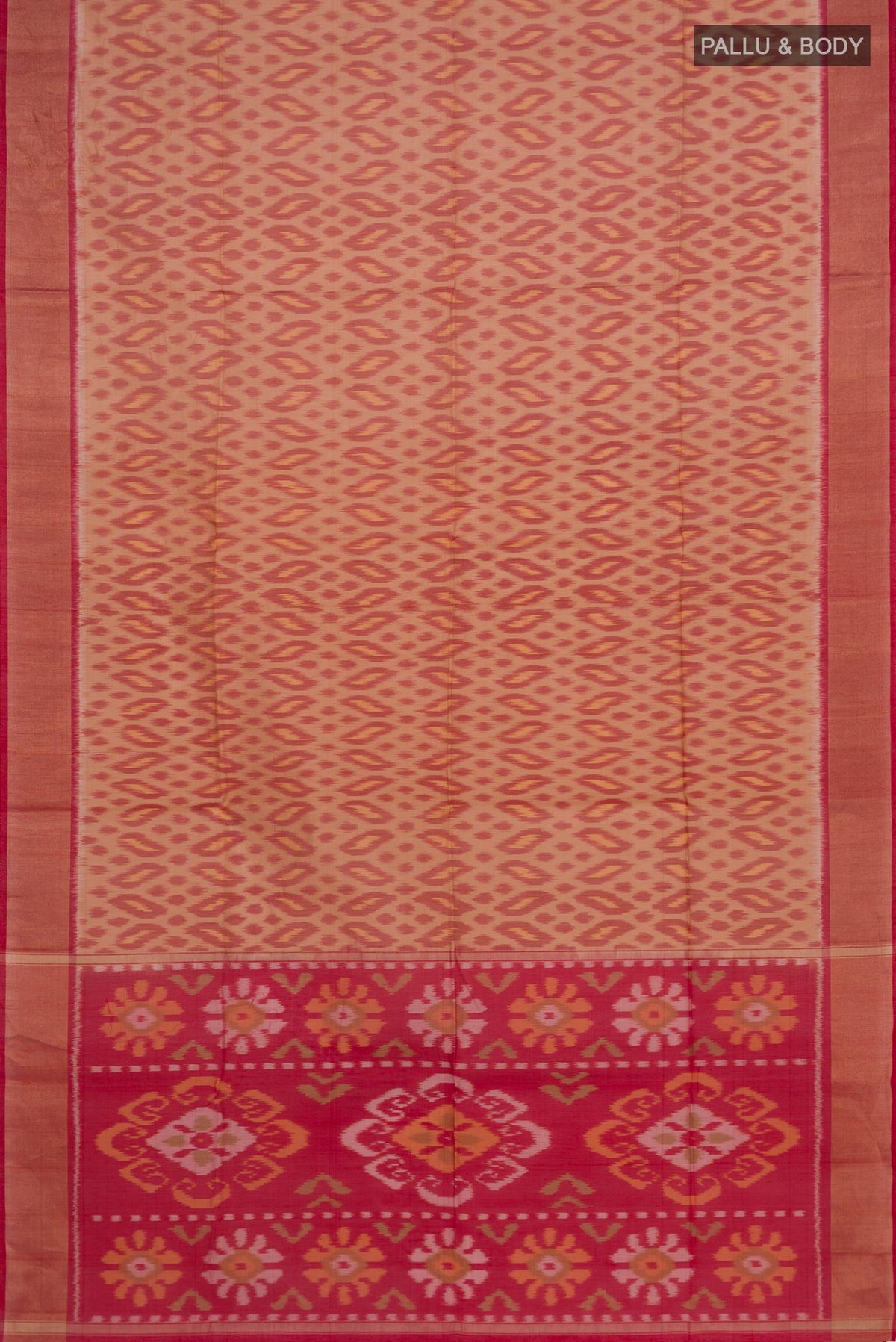 Flat view of Beige Silk Cotton Saree with Ikat design on the body and Zari Border. 