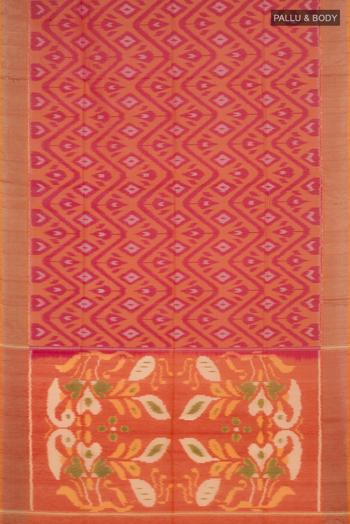 Flat view of Red Coimbatore Silk Cotton Saree with Ikat Print on the body and Zari Border. 