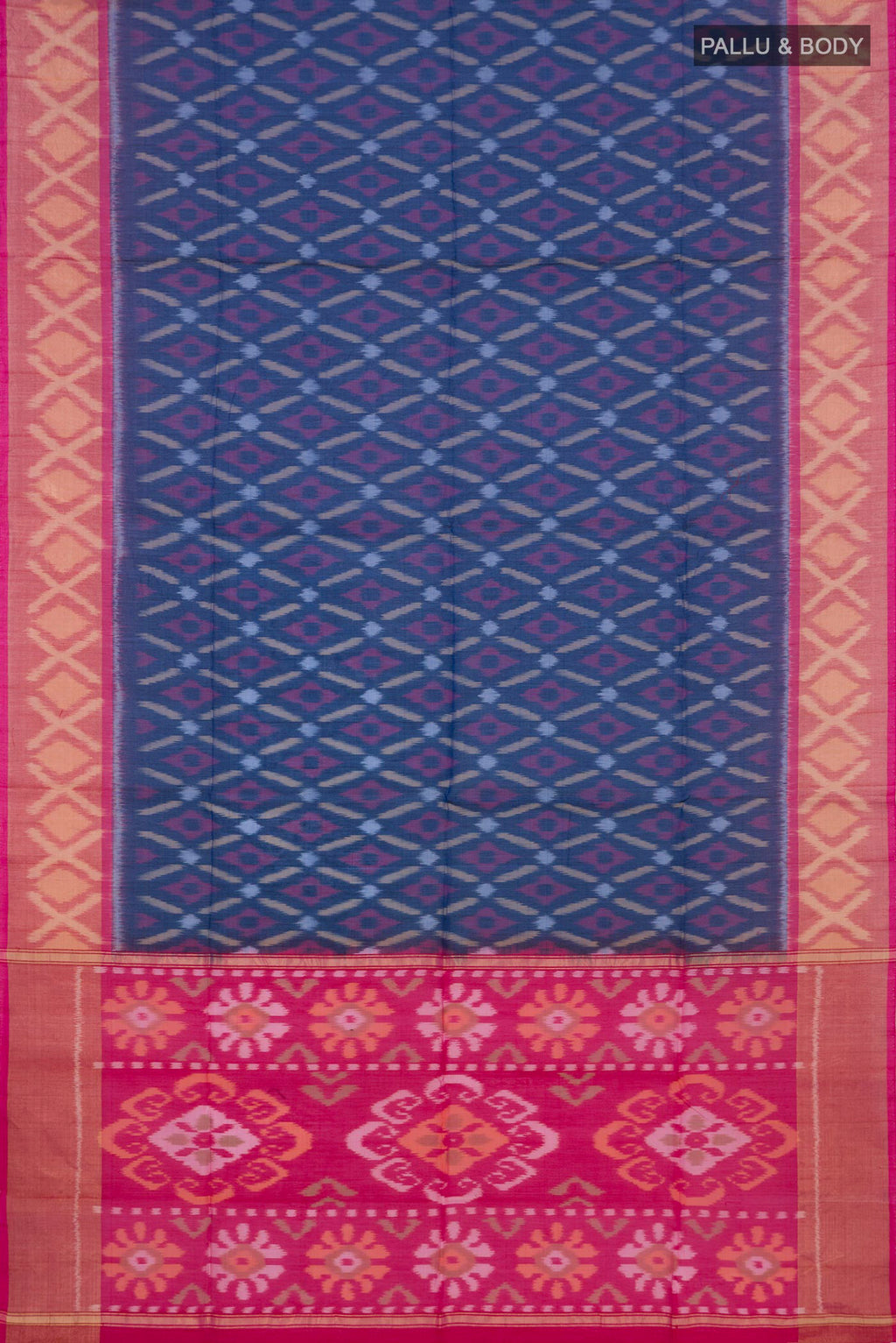 Flat view of Navy Blue Coimbatore Silk Cotton Saree with Ikat Print on the body and Zari Border. 