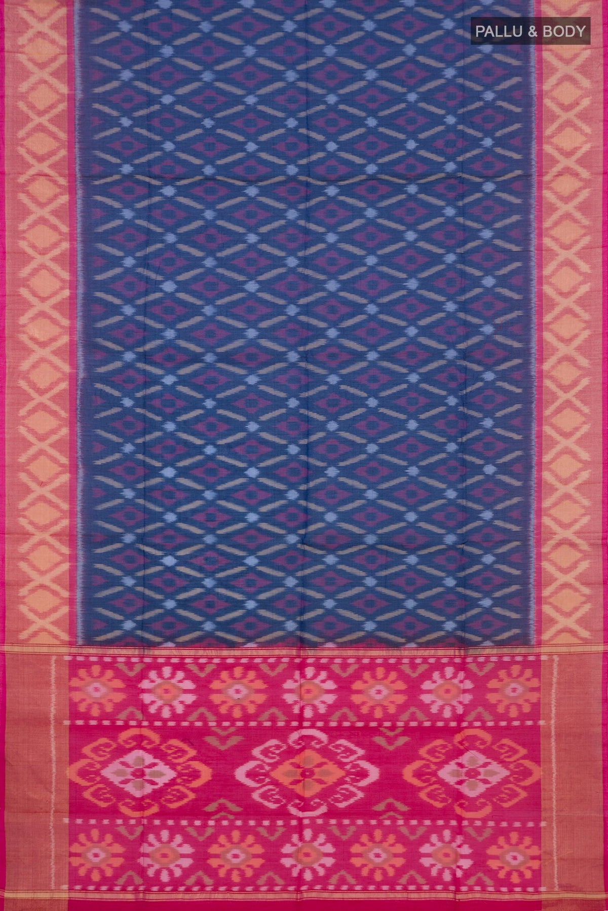 Flat view of Navy Blue Coimbatore Silk Cotton Saree with Ikat Print on the body and Zari Border. 