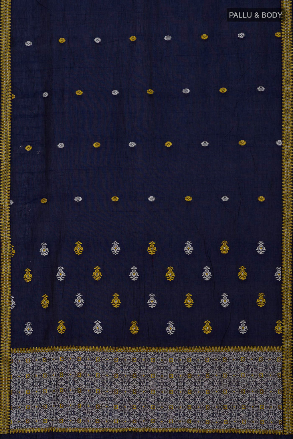 Flat view of Blue Assam Cotton Saree with Thread Butta on the body and Thread Border. 