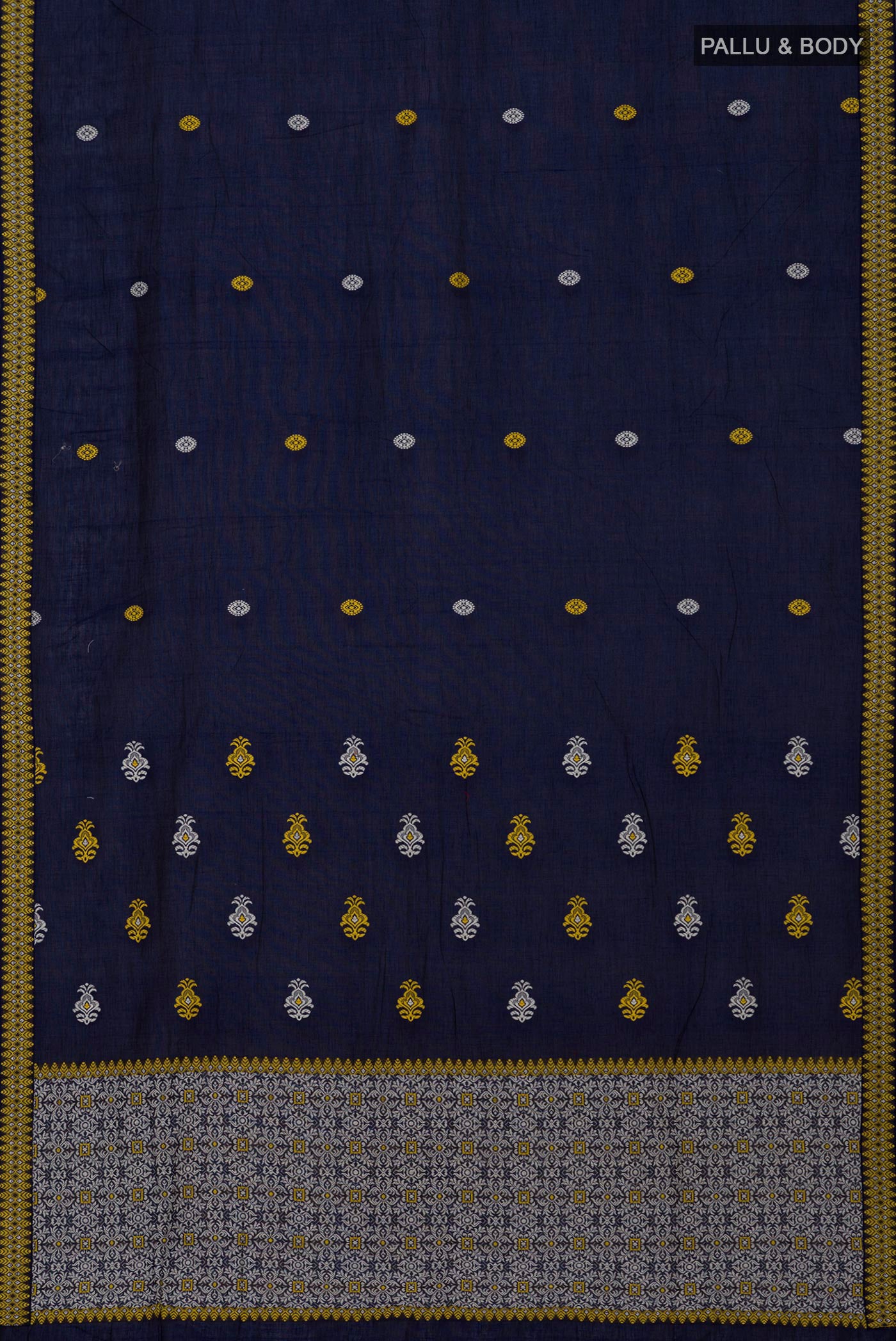 Flat view of Blue Assam Cotton Saree with Thread Butta on the body and Thread Border. 
