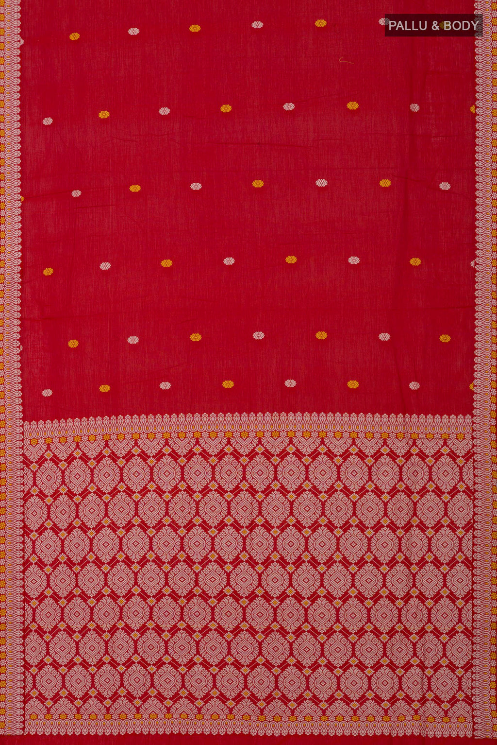 Flat view of Red Assam Cotton Saree with Thread Butta on the body and Thread Border. 