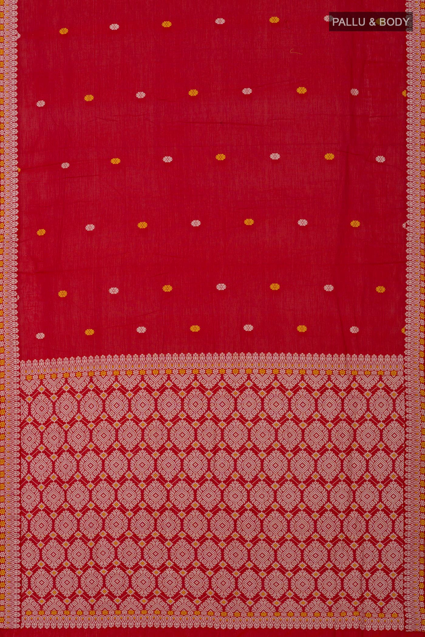 Flat view of Red Assam Cotton Saree with Thread Butta on the body and Thread Border. 