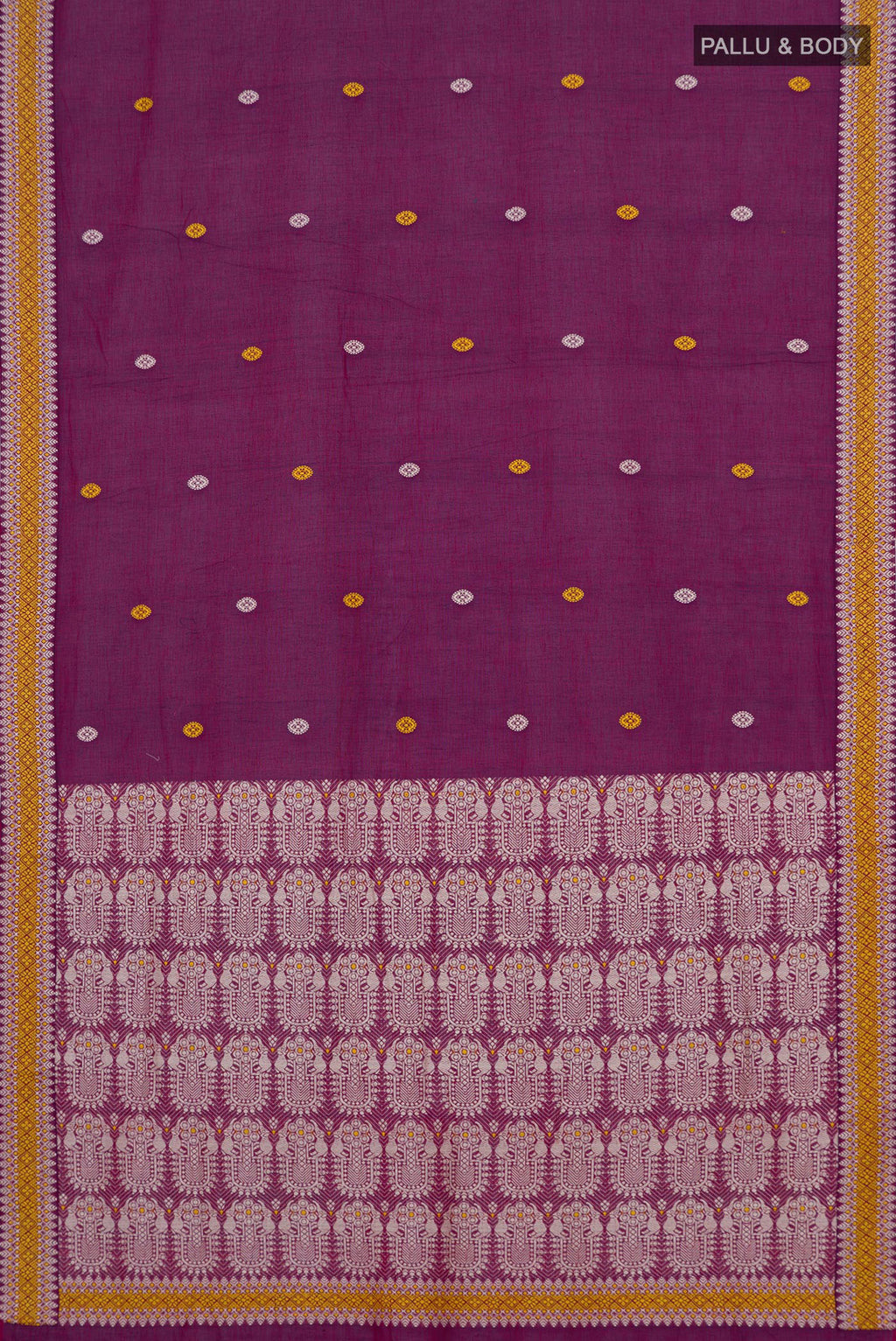 Flat view of Purple Assam Cotton Saree with Thread Butta on the body and Thread Border. 