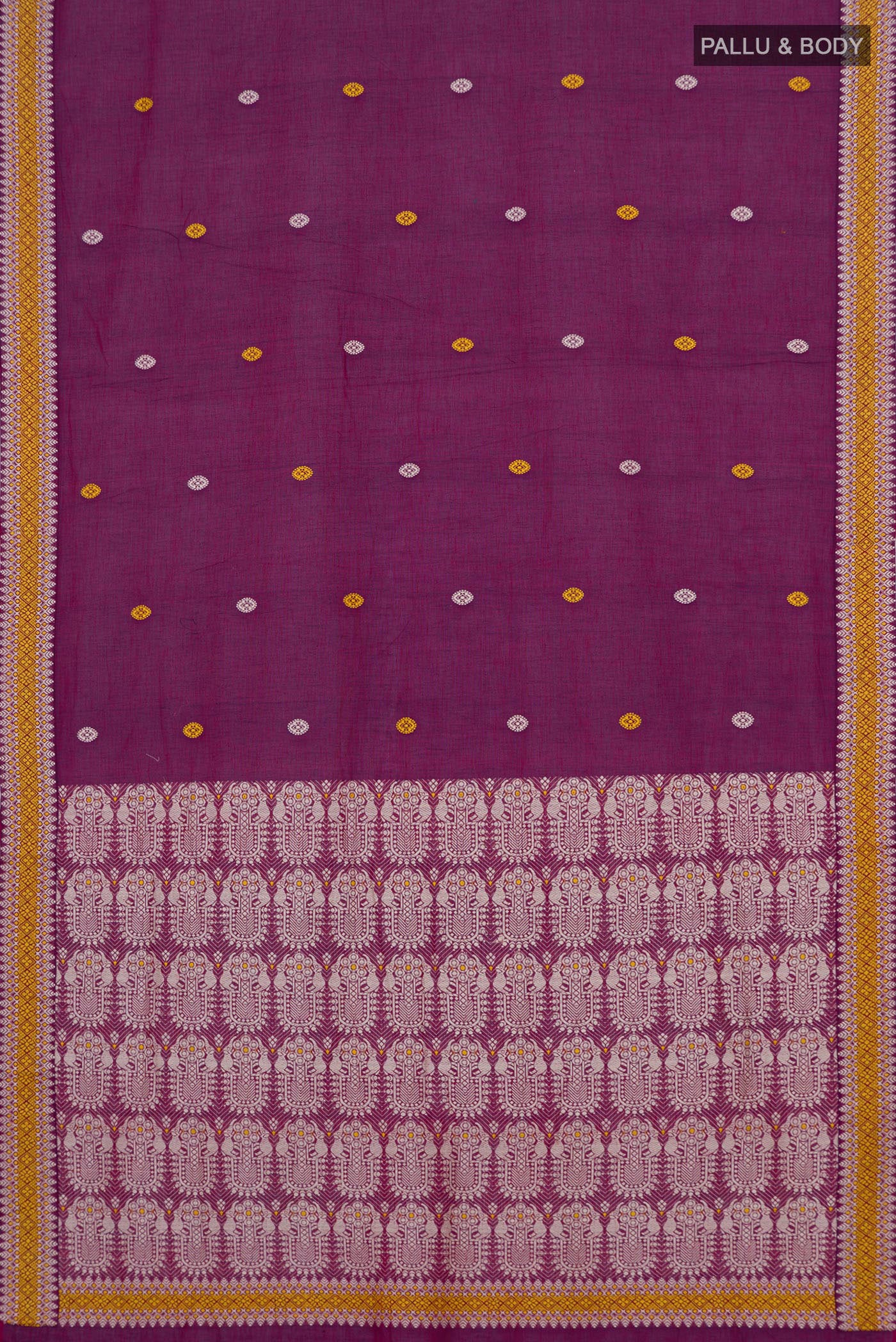 Flat view of Purple Assam Cotton Saree with Thread Butta on the body and Thread Border. 
