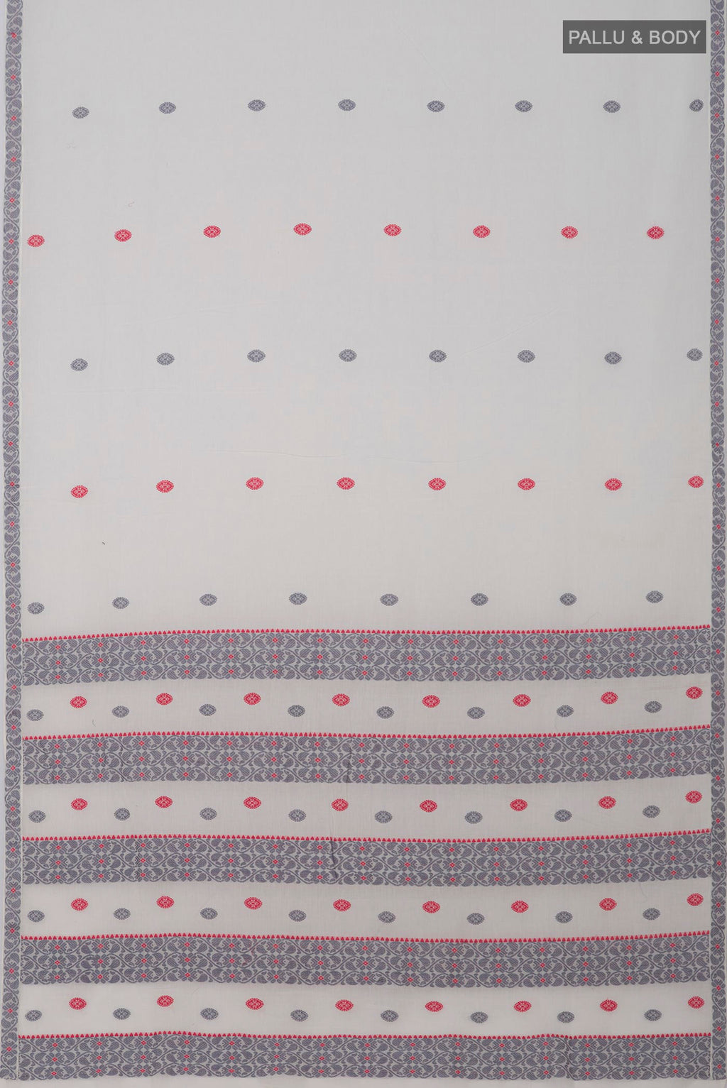 Flat view of White Assam Cotton Saree with Thread Butta on the body and Thread Border. 