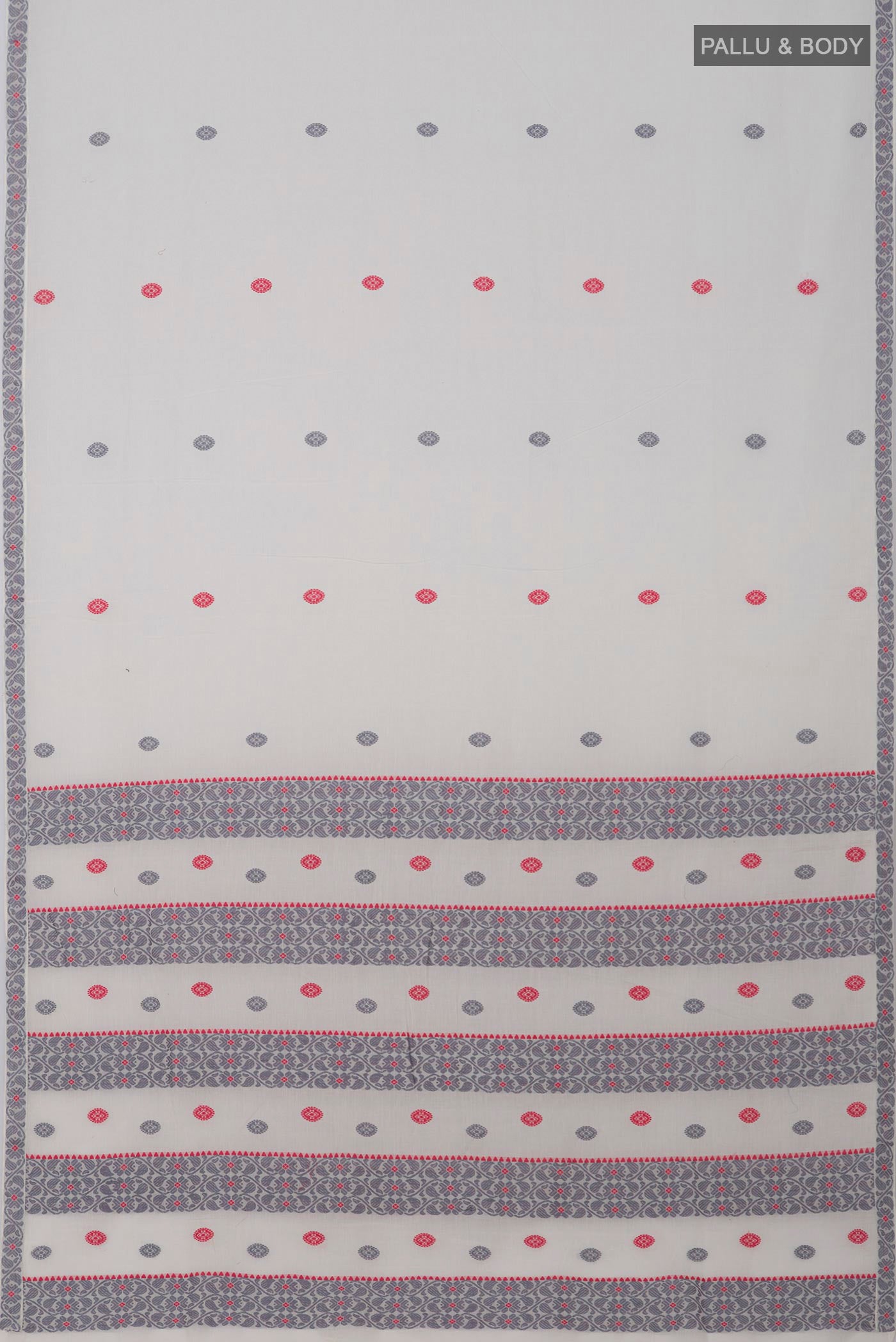 Flat view of White Assam Cotton Saree with Thread Butta on the body and Thread Border. 