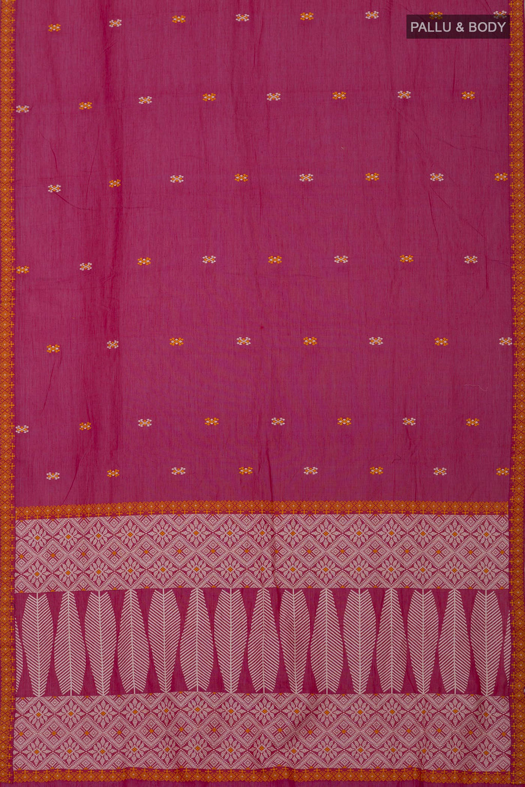 Flat view of Pink Assam Cotton Saree with Thread Butta on the body and Thread Border. 