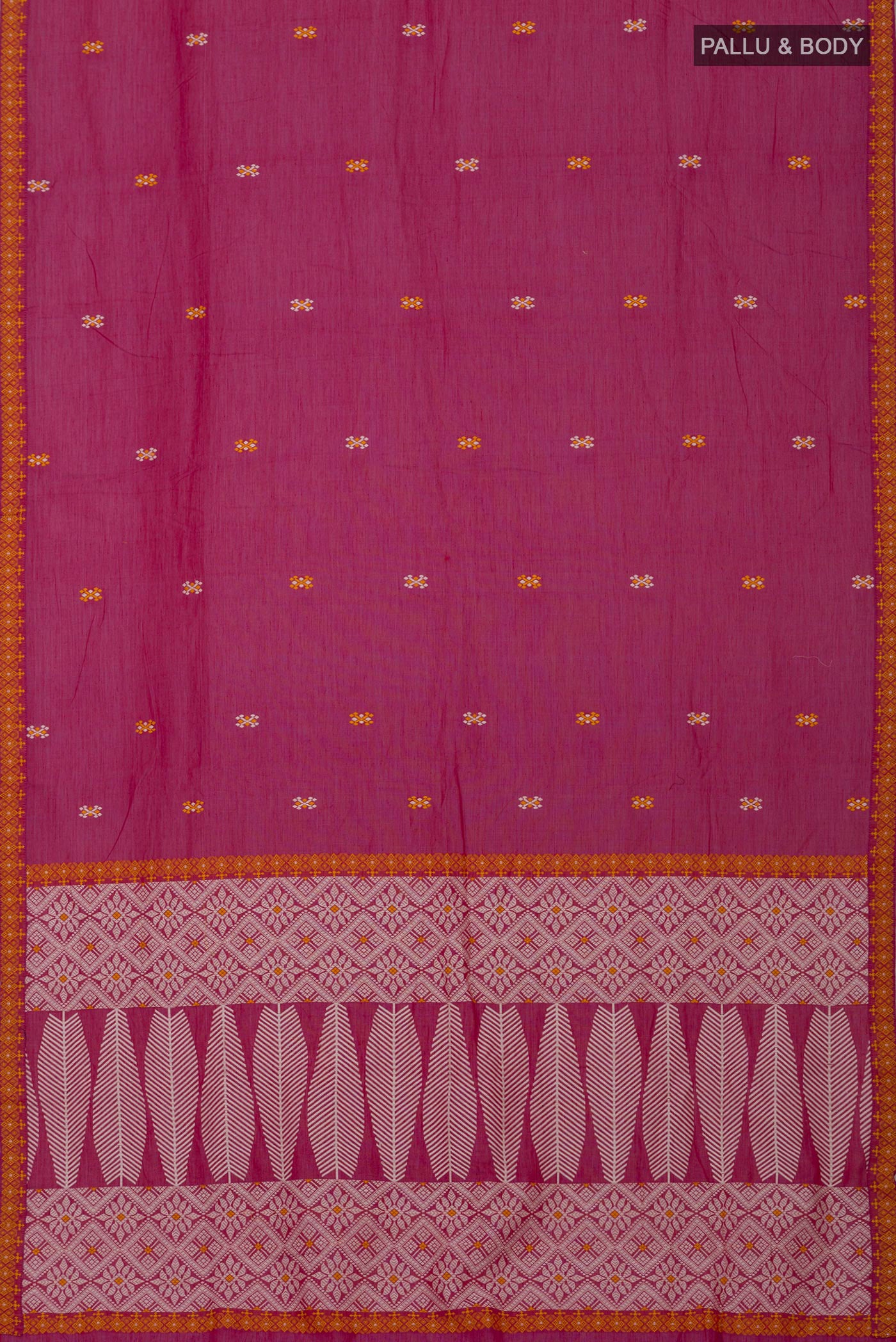Flat view of Pink Assam Cotton Saree with Thread Butta on the body and Thread Border. 