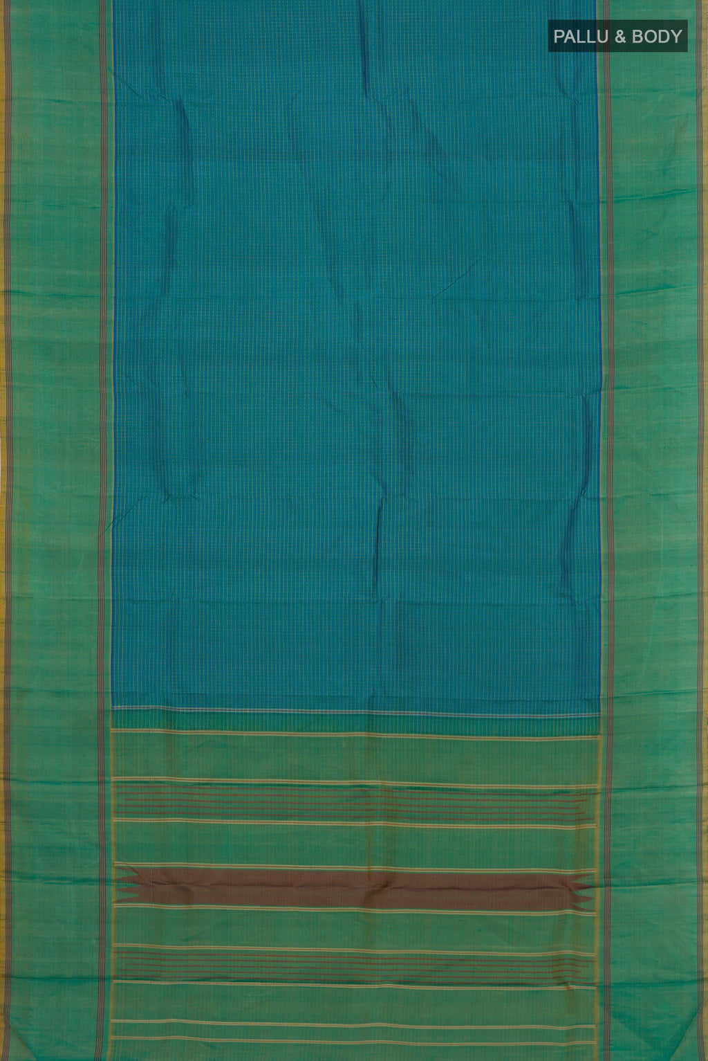 Flat view of Blue Kanchipuram Saree with Checked design on the body and Thread Border. 