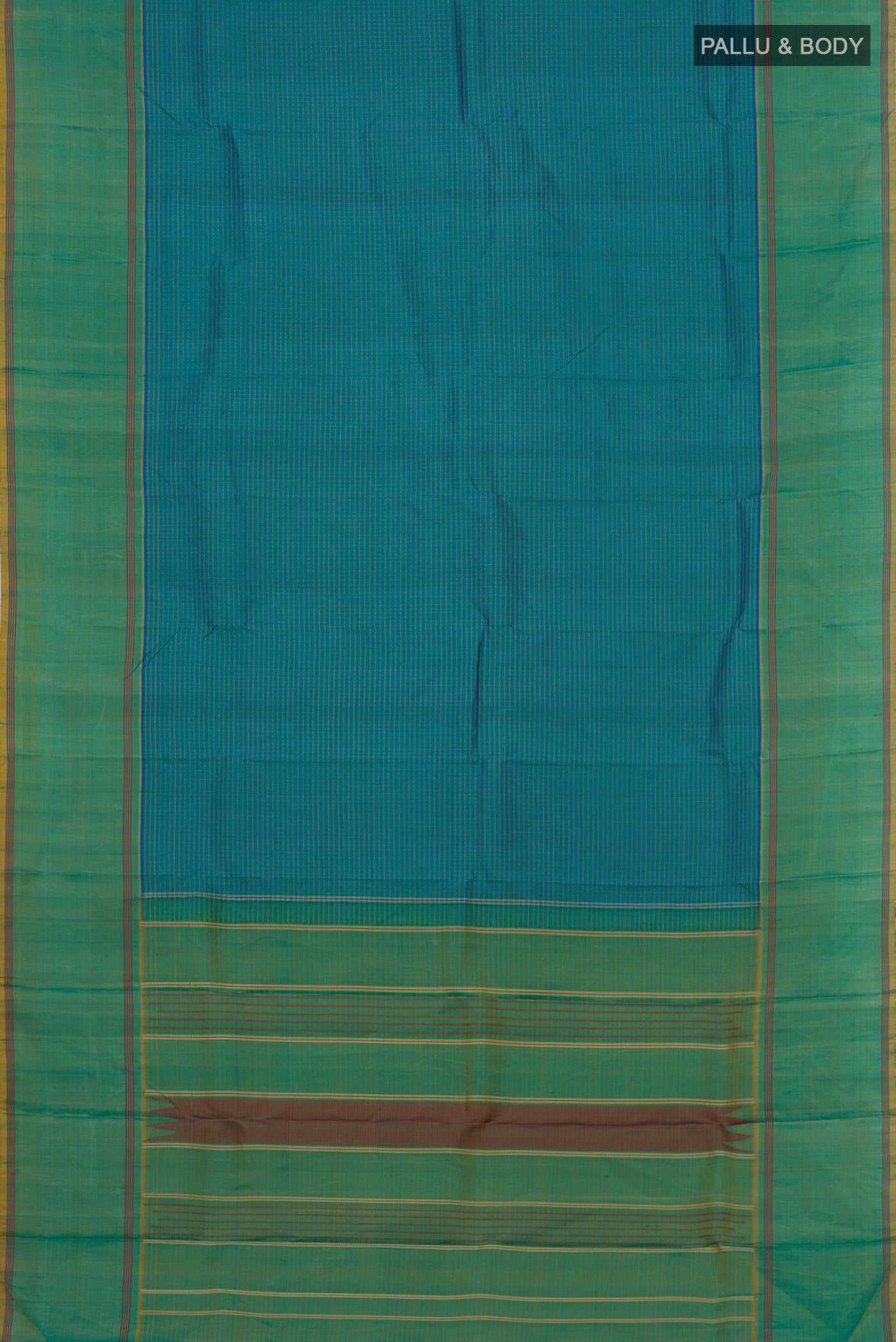 Flat view of Blue Kanchipuram Saree with Checked design on the body and Thread Border. 