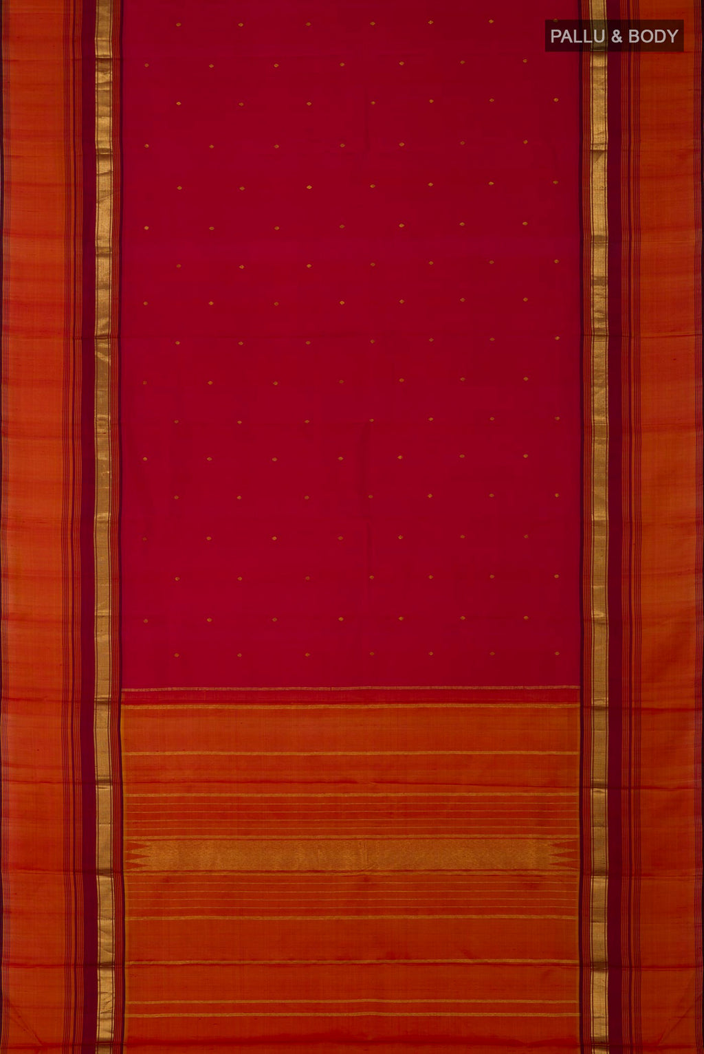 Flat view of Pure Silk Pure Zari Maroon Kanchipuram Saree with Zari Butta on the body and Zari Border. 