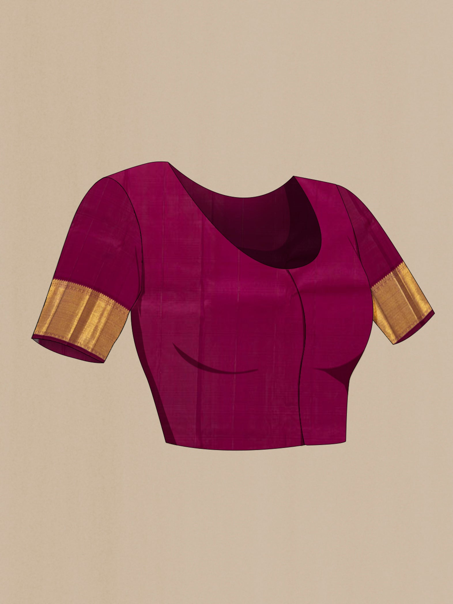 Close up image of the blouse of Purple Kanchipuram Saree with Zari Brocade on the body and Zari Border. 
