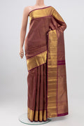 Purple Kanchipuram Saree with Zari Brocade on the body and Zari Border.  displayed on a mannequin